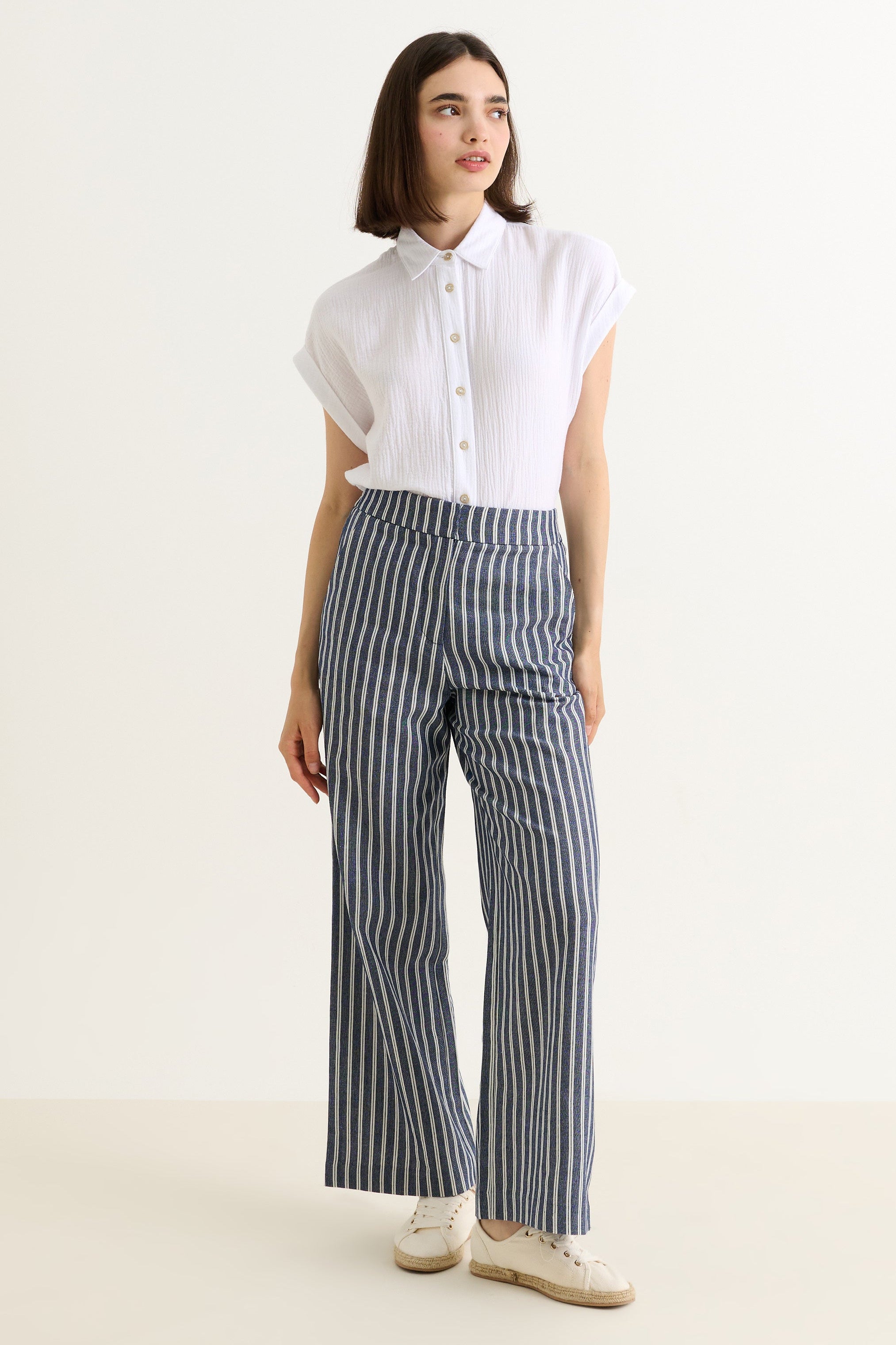 Tilde Ticking Stripe Straight Cut Trouser - Navy&White