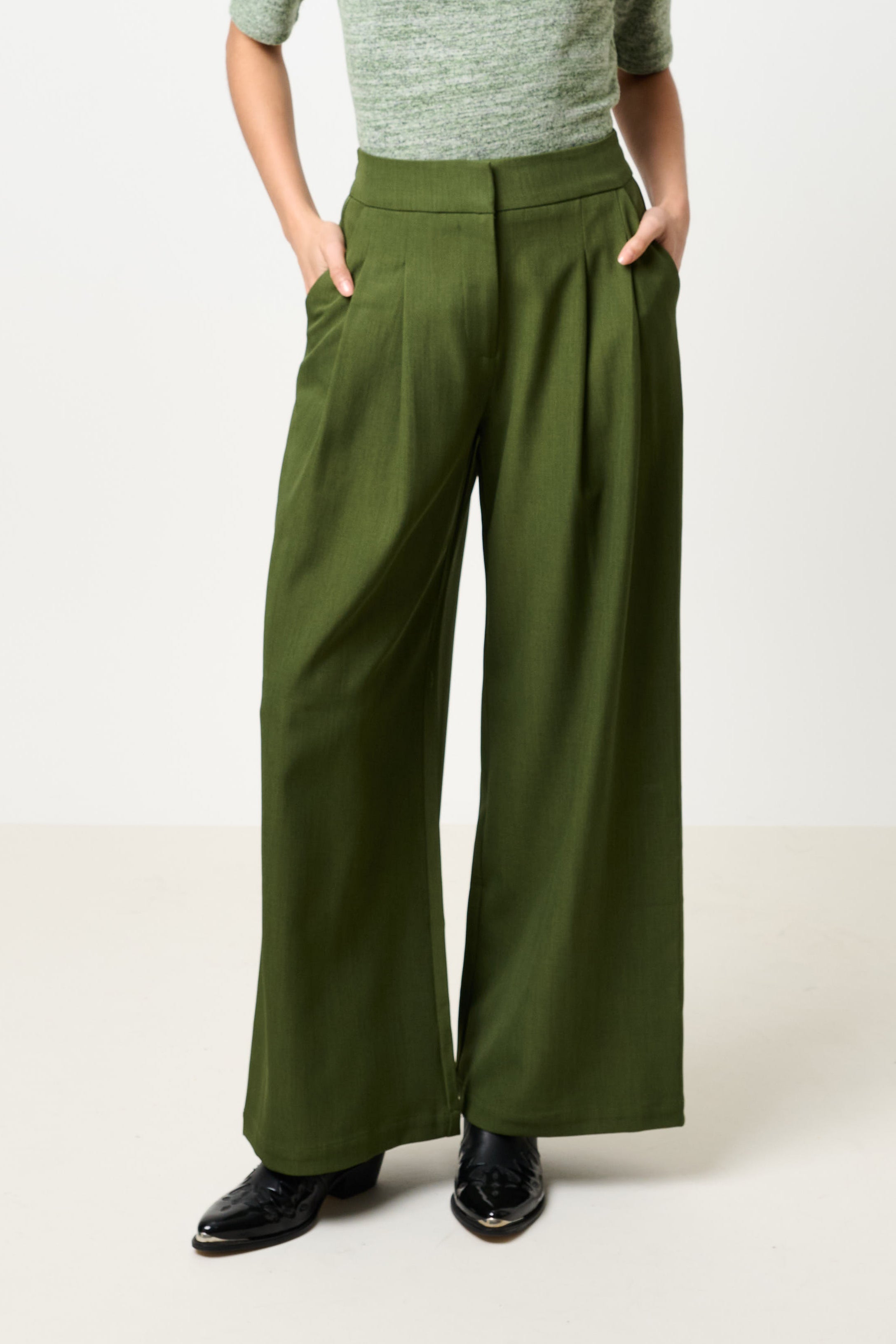 Tyler Pleat Front Wide Leg Trouser - Moss Green