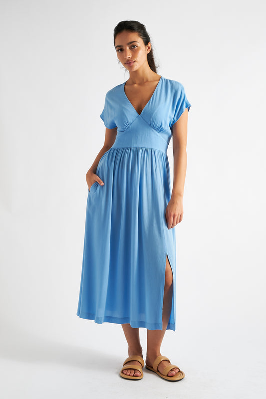 Unity Moss Crepe V-Neck Midi Dress - Blue