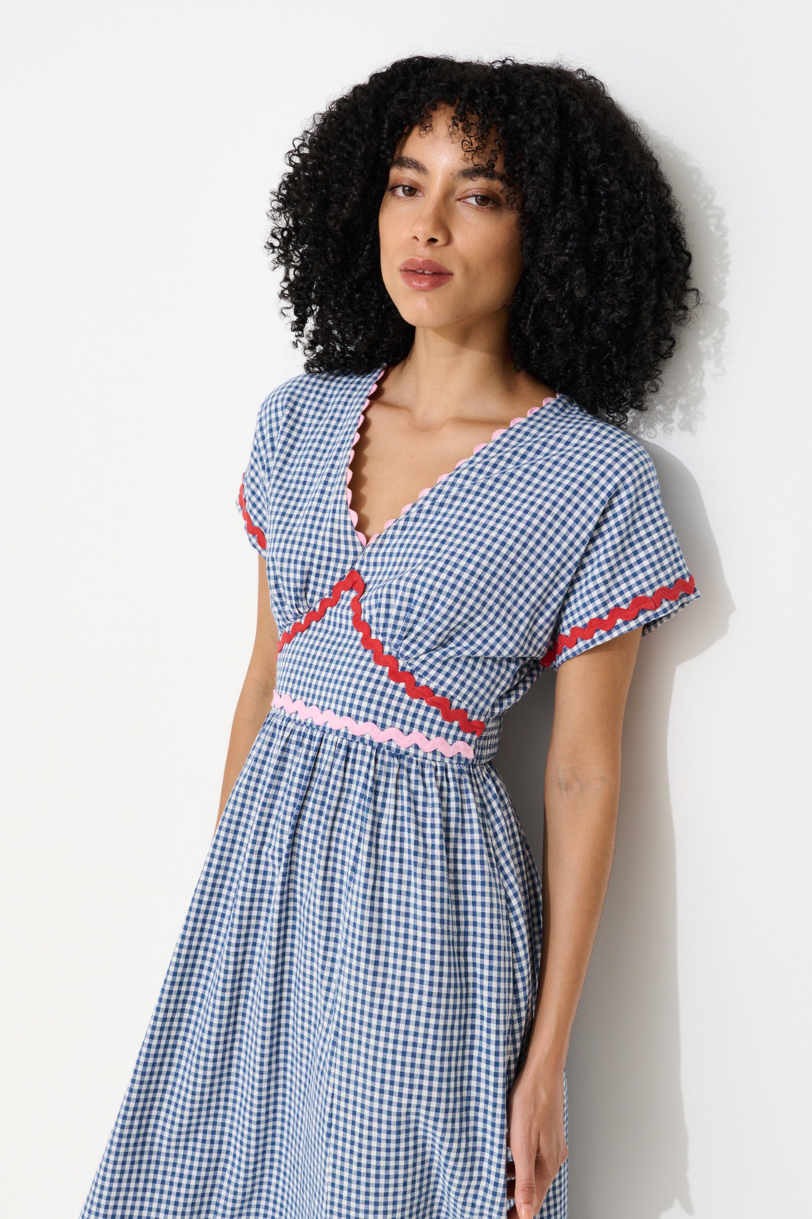 Unity Gingham Ric Rac Trim V-Neck Midi Dress - Blue