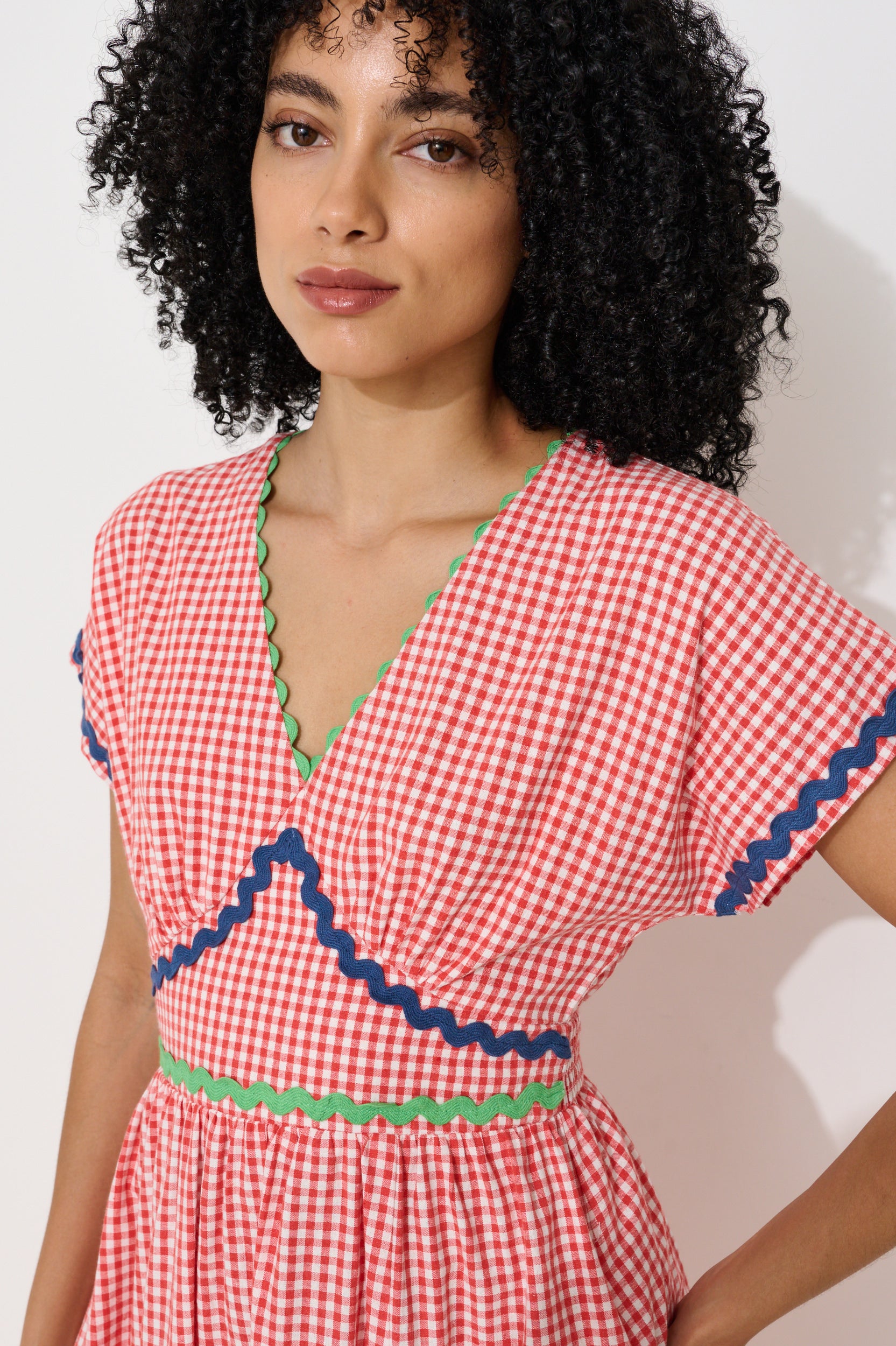 Unity Gingham Ric Rac Trim V-Neck Midi Dress - Red