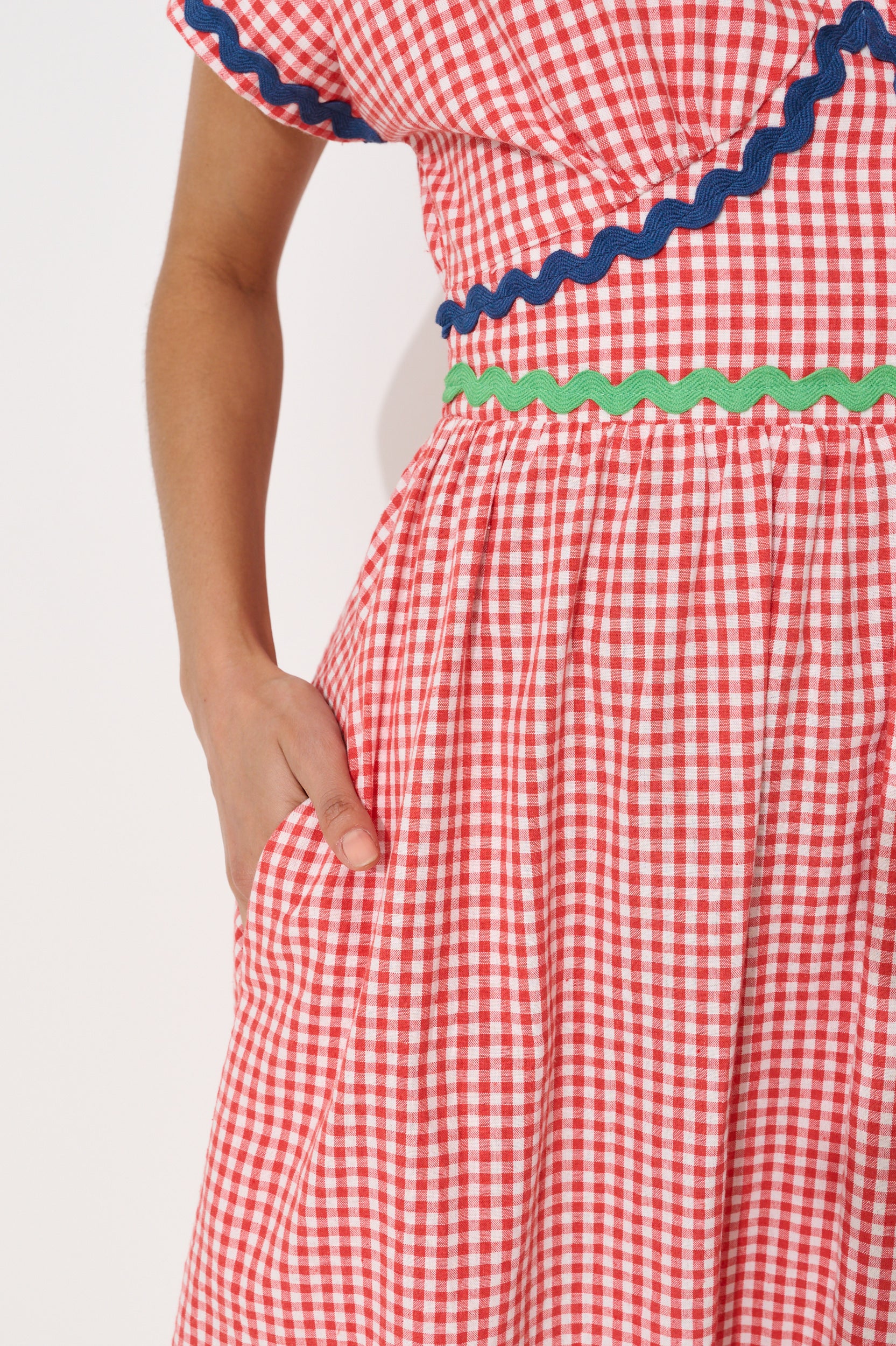 Unity Gingham Ric Rac Trim V-Neck Midi Dress - Red