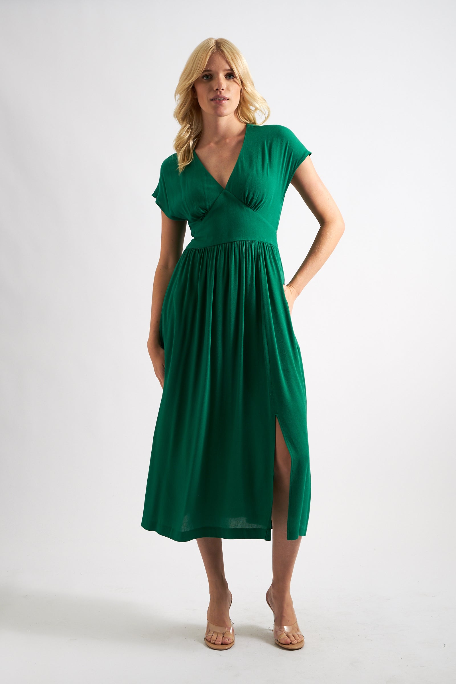 Unity Moss Crepe V-Neck Midi Dress - Green - Detail 4