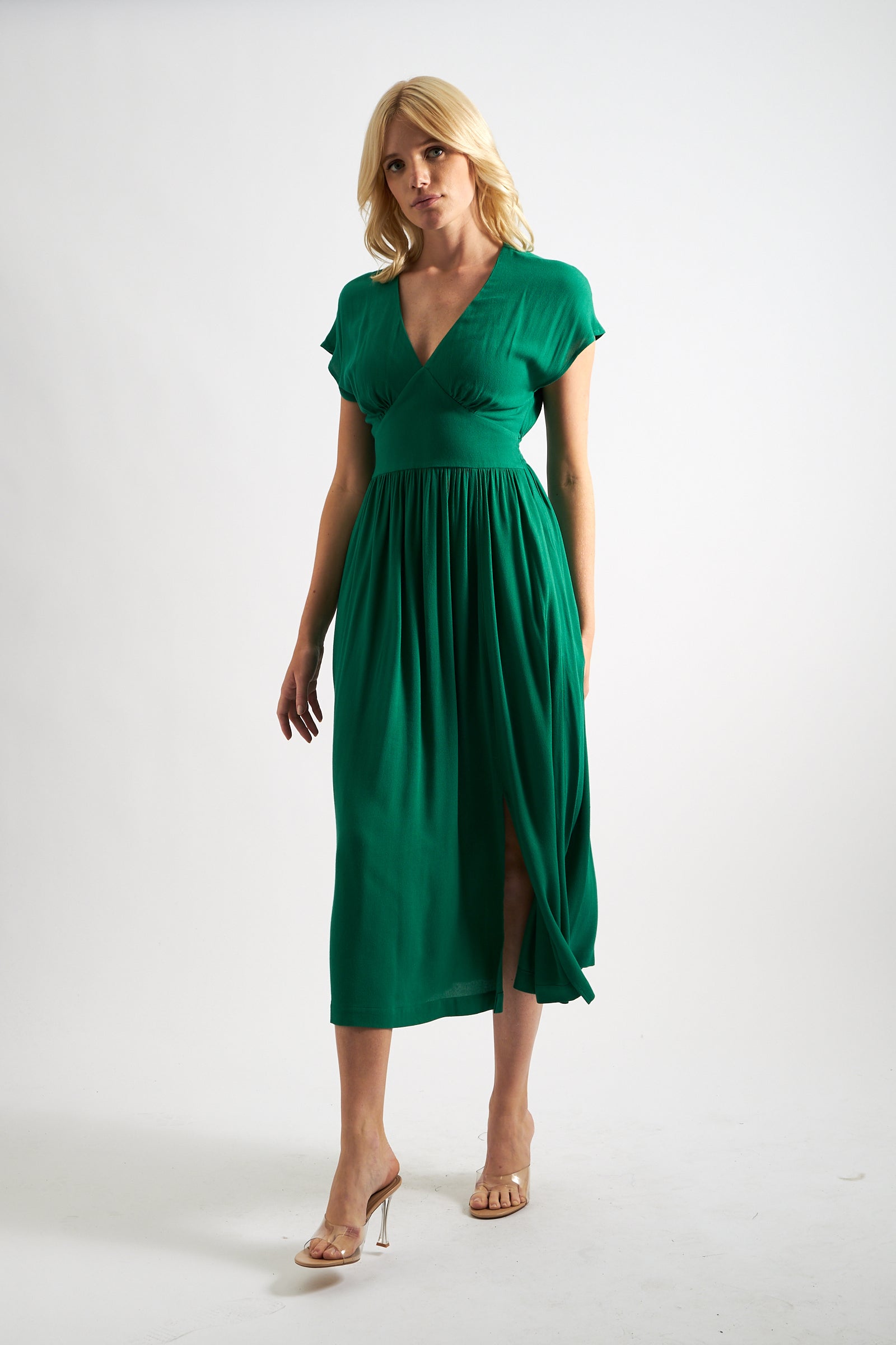 Unity Moss Crepe V-Neck Midi Dress - Green