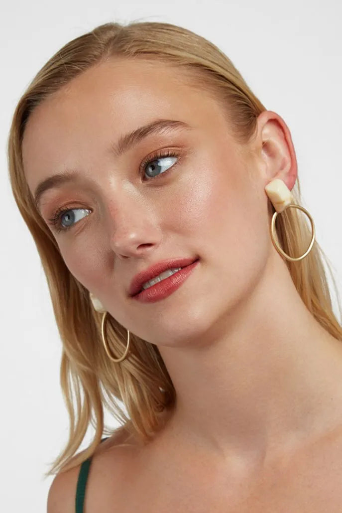Mahol White Stone Matte Gold Hoop Earrings - Detail 1
