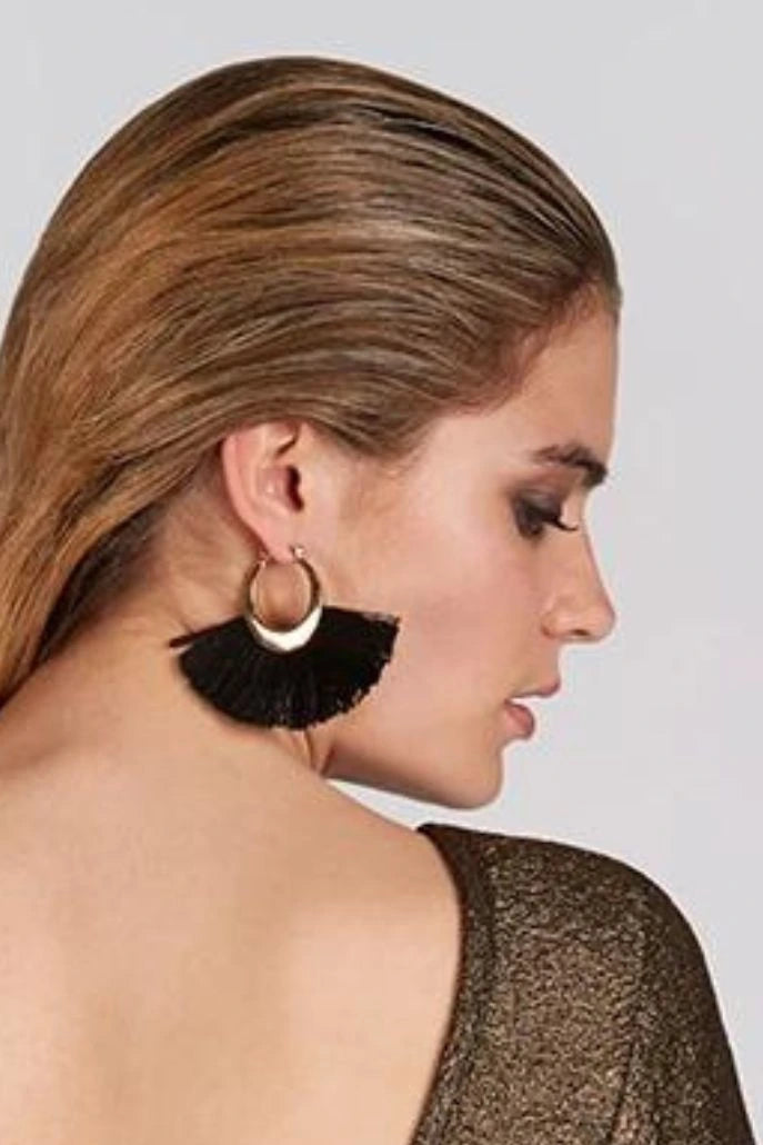 Daisy Black Tassel Hoop Gold Earrings