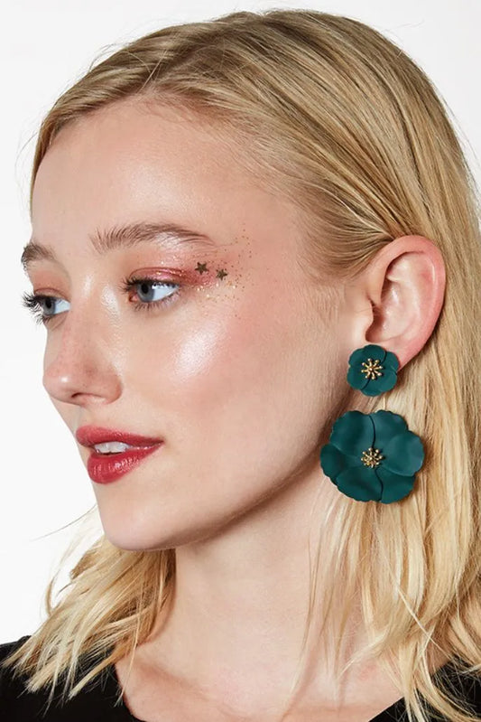 Bezer Double Flower Pendent Stud Earrings - Green