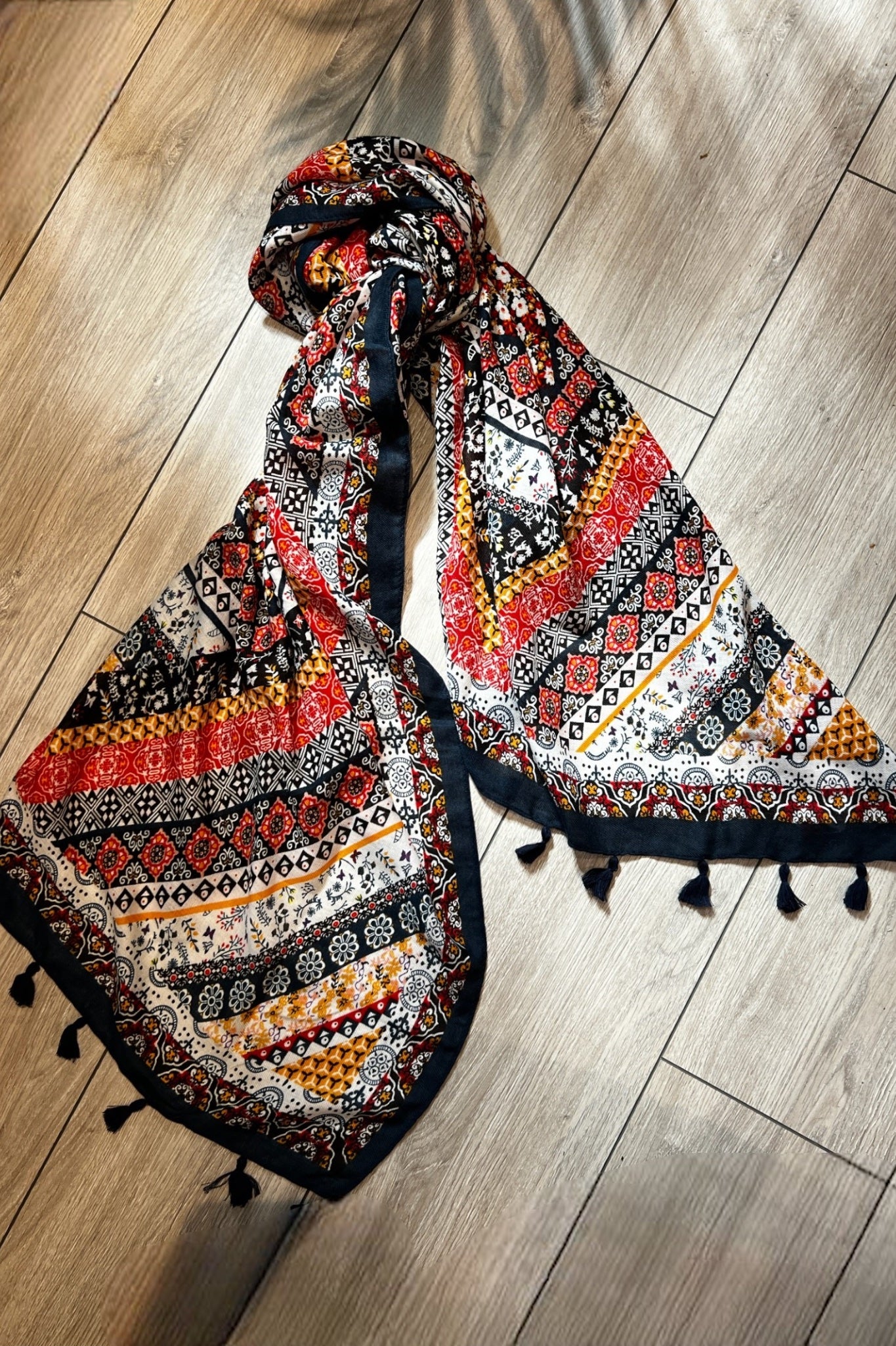 Weston Boho Floral Scarf in Red and Navy - Front