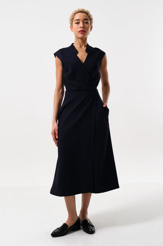 Navy sleeveless midi wrap tie side dress