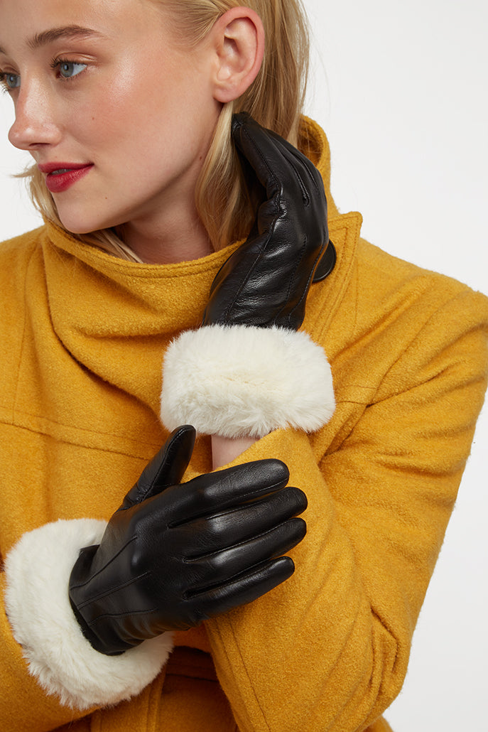 Vanian Black Leather Faux Fur Cuffed Gloves - Detail 1