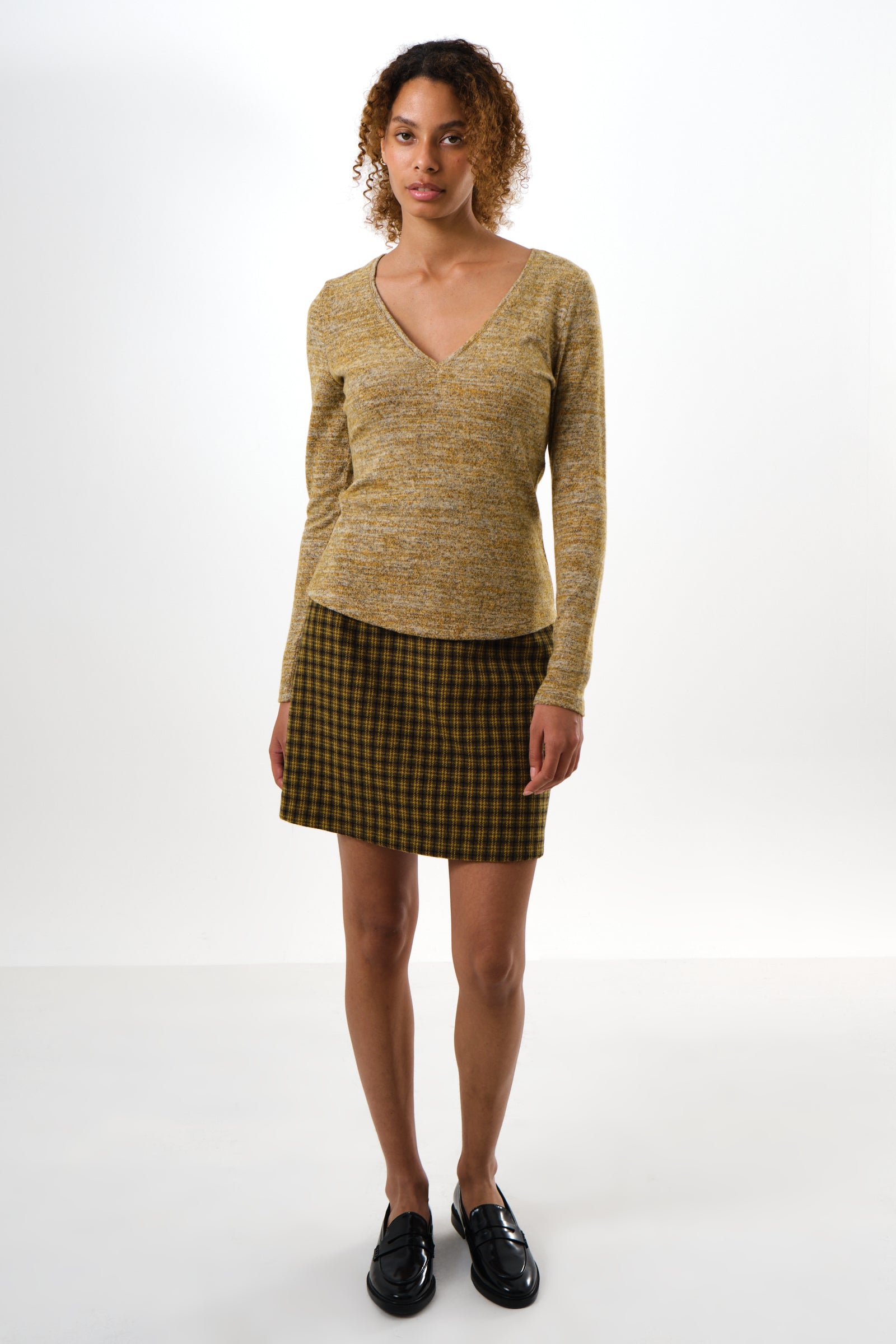 Vinita Soft Marl V-Neck Long Sleeve Top - Mustard - Detail 3