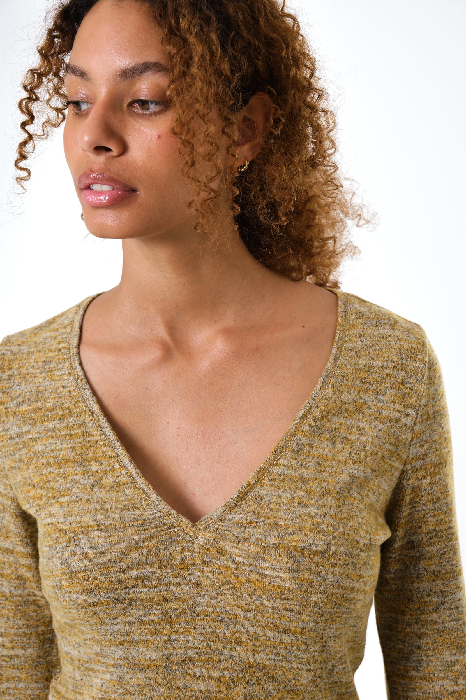 Vinita Soft Marl V-Neck Long Sleeve Top - Mustard - Detail 1