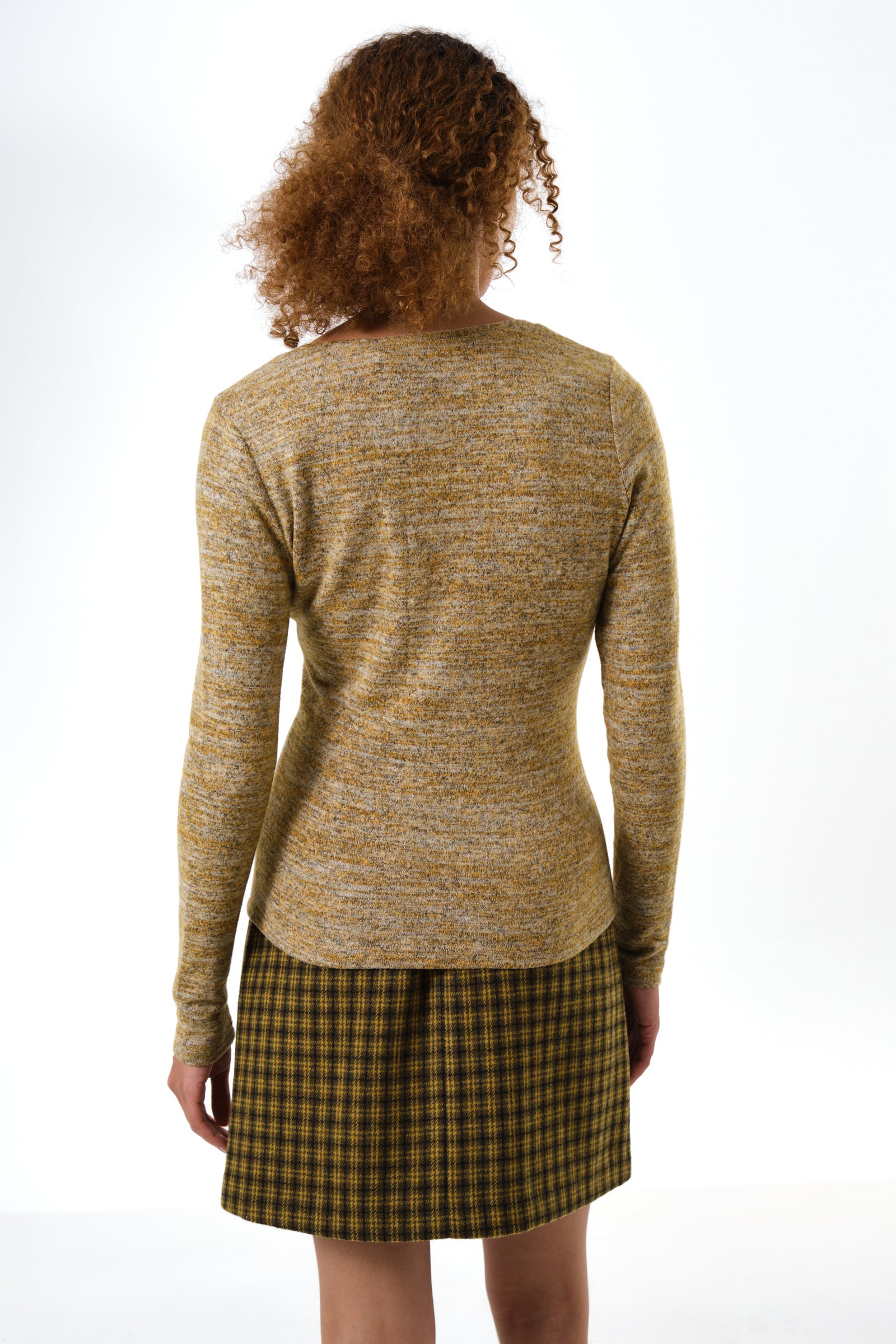Vinita Soft Marl V-Neck Long Sleeve Top - Mustard