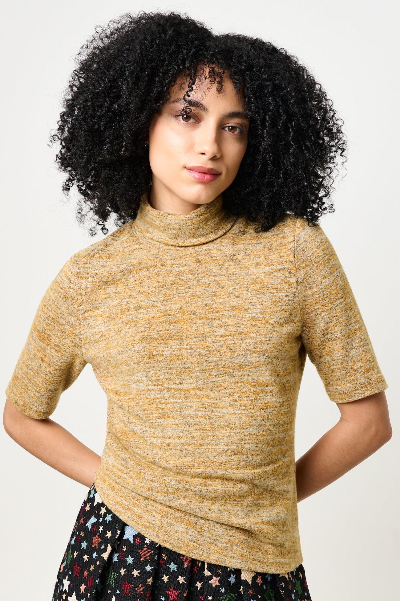 Vista Soft Marl Polo Neck Short Sleeve Top - Mustard