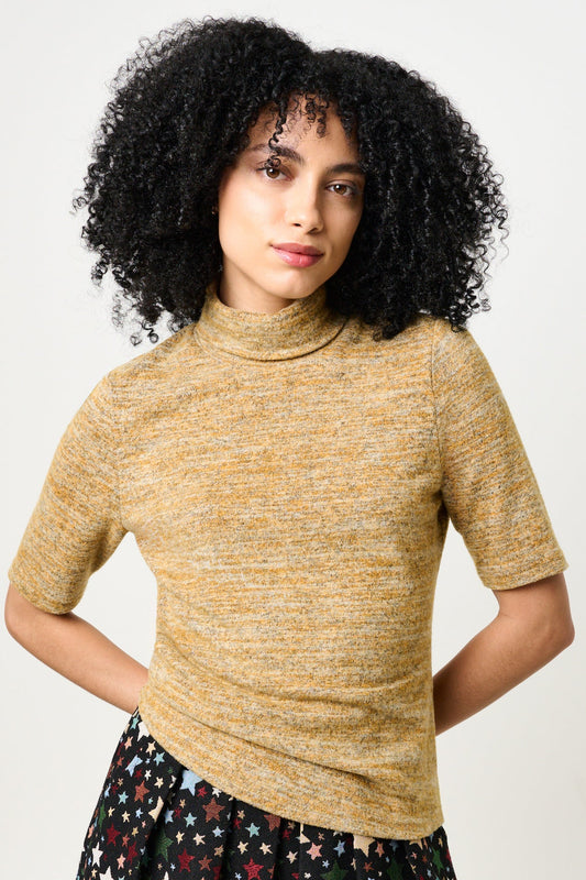 Vista Soft Marl Polo Neck Short Sleeve Top - Mustard