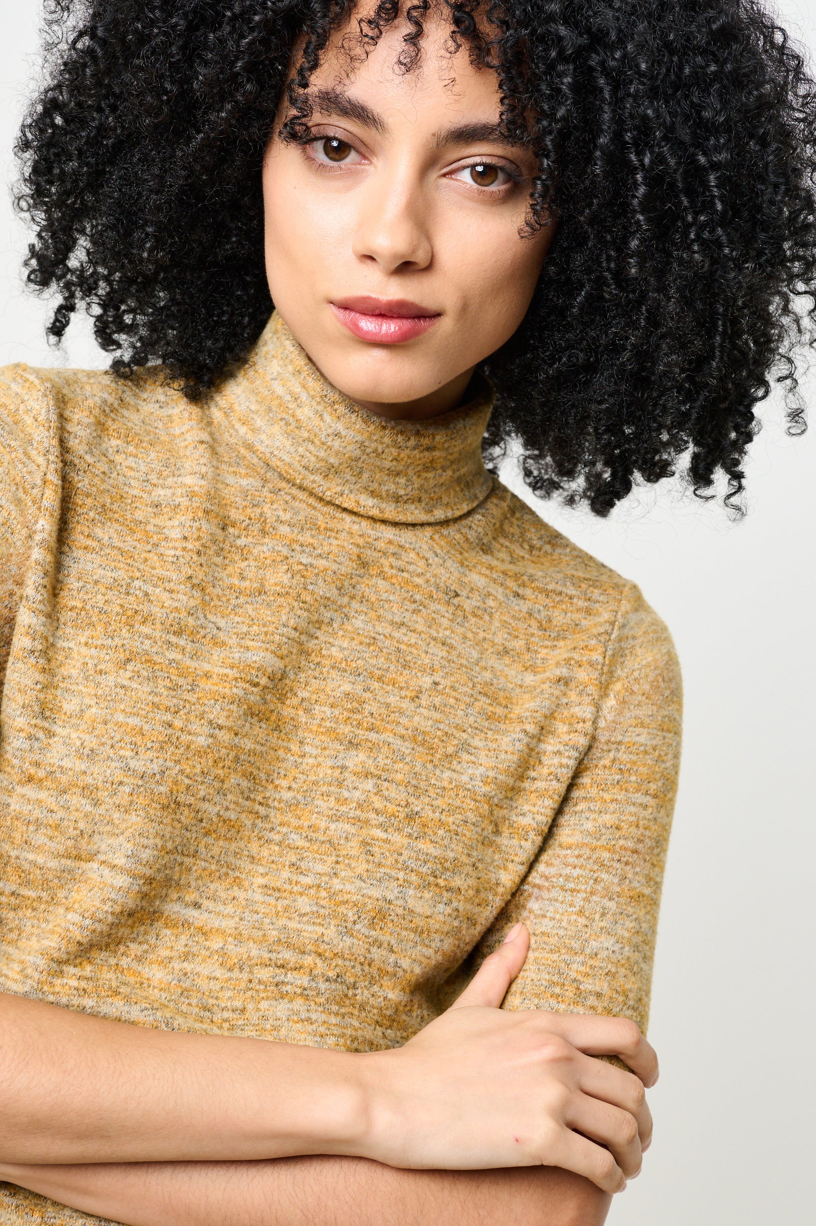 Vista Soft Marl Polo Neck Short Sleeve Top - Mustard - Detail 2