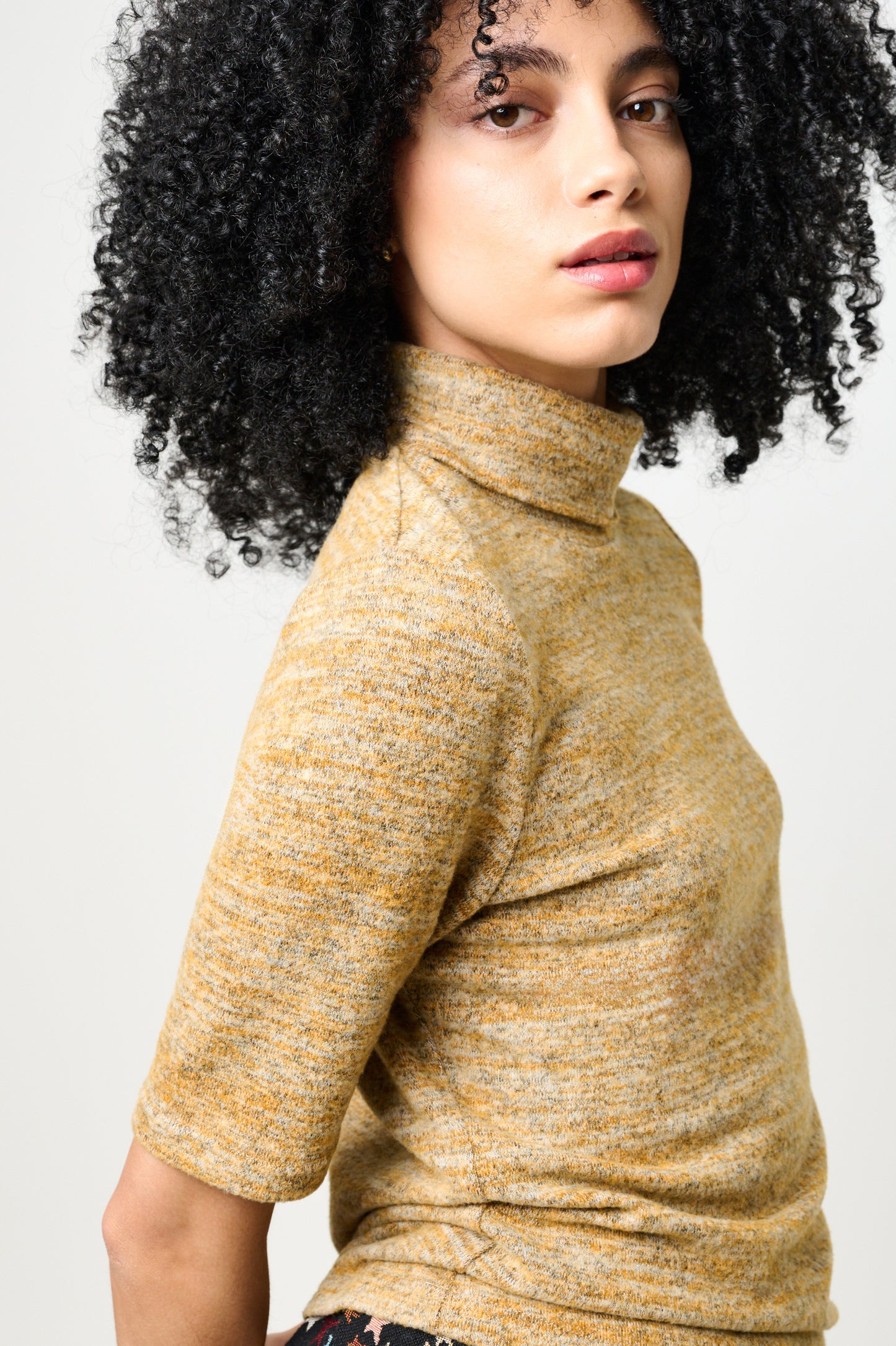 Vista Soft Marl Polo Neck Short Sleeve Top - Mustard