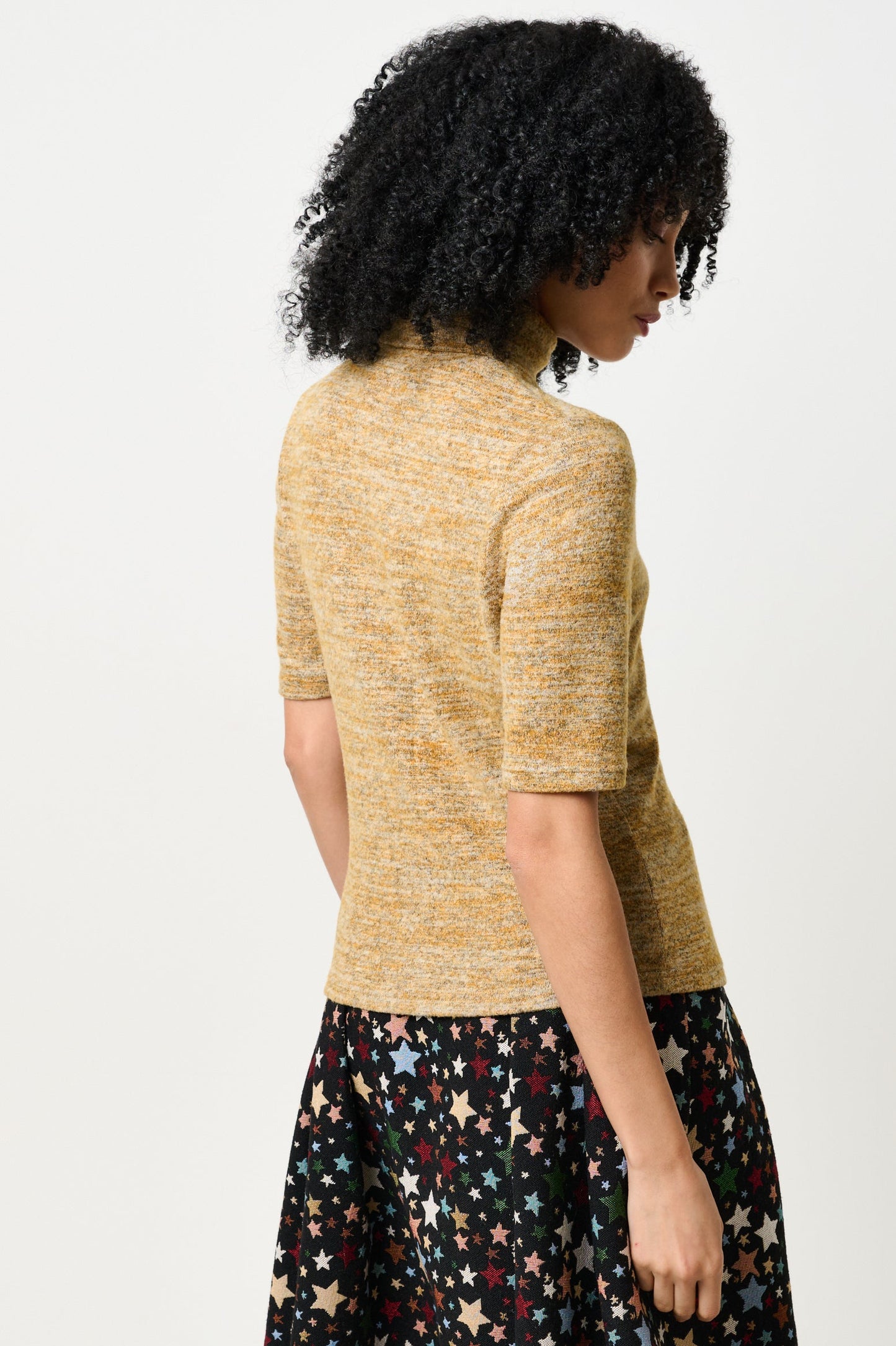 Vista Soft Marl Polo Neck Short Sleeve Top - Mustard