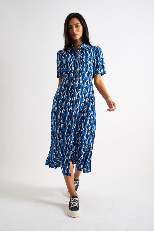 Wanda Mid Century Retro Print Midi Dress - Blue - Front