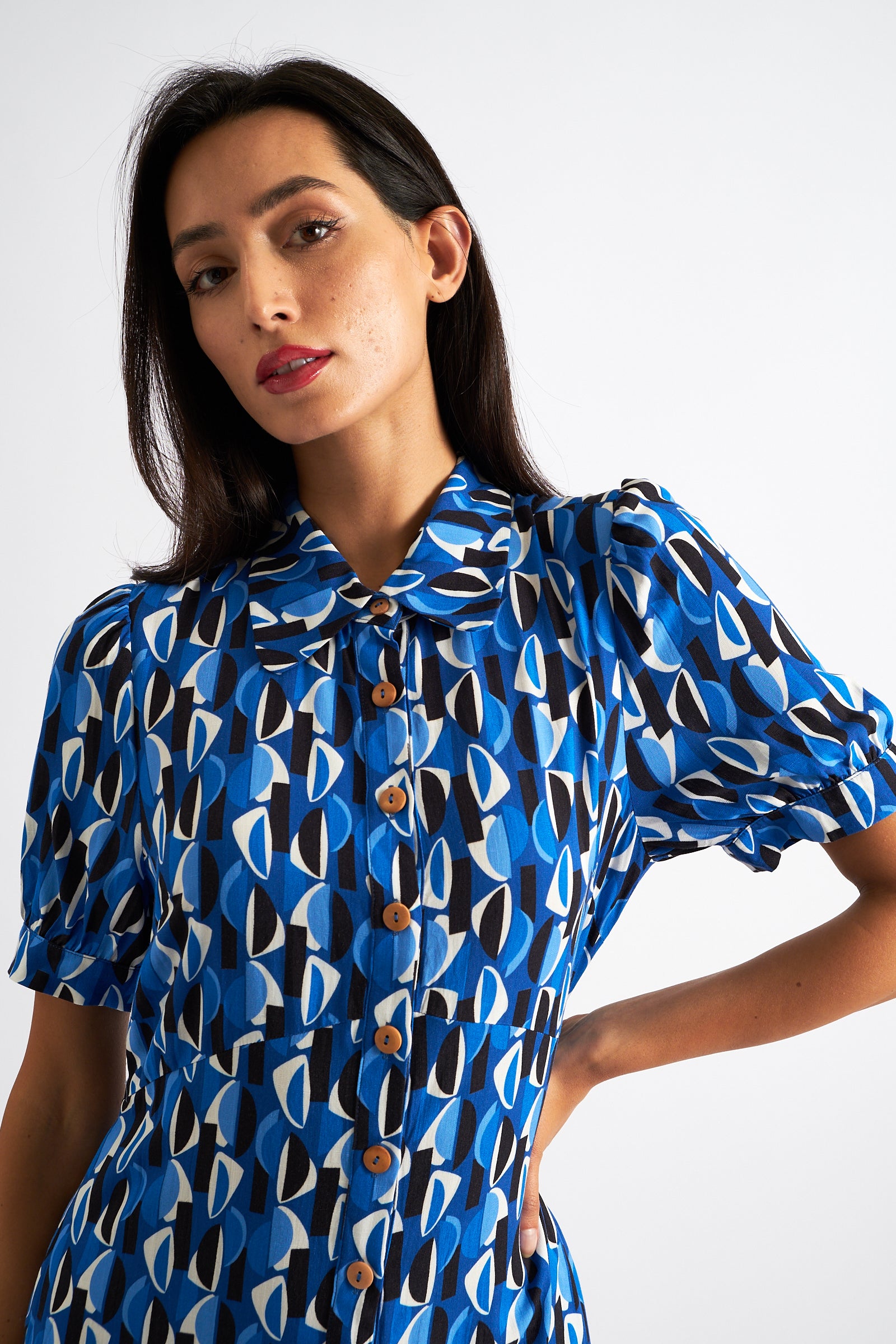Wanda Mid Century Retro Print Midi Dress - Blue - Detail 3
