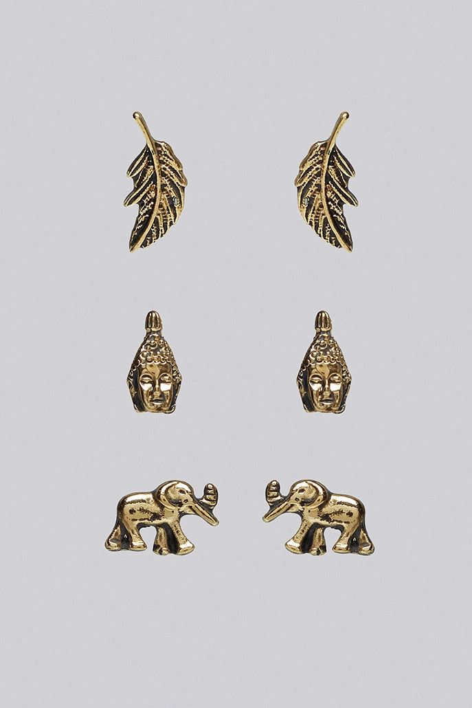 Wilder 3 Pack Elephant Tribal Gold Stud Earrings