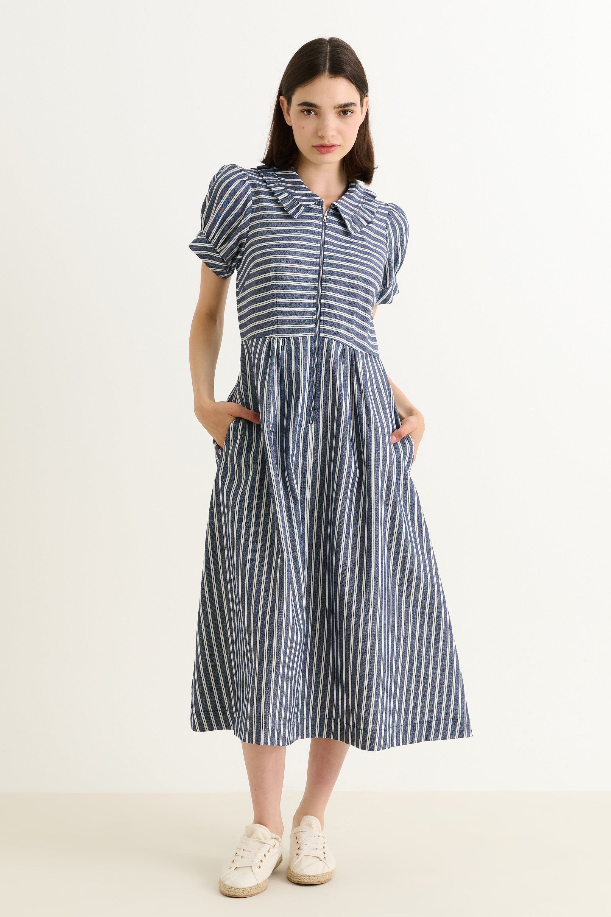 Yassine Ticking Stripe Midi Dress - Navy & White