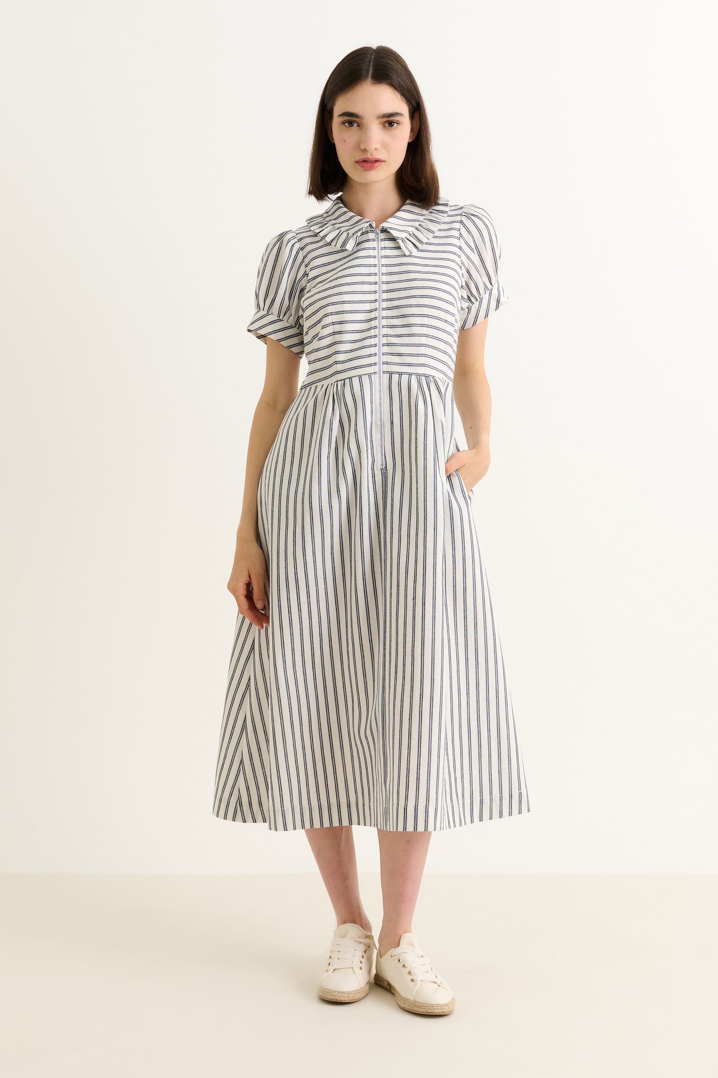 Yassine Ticking Stripe Midi Dress - White & Navy