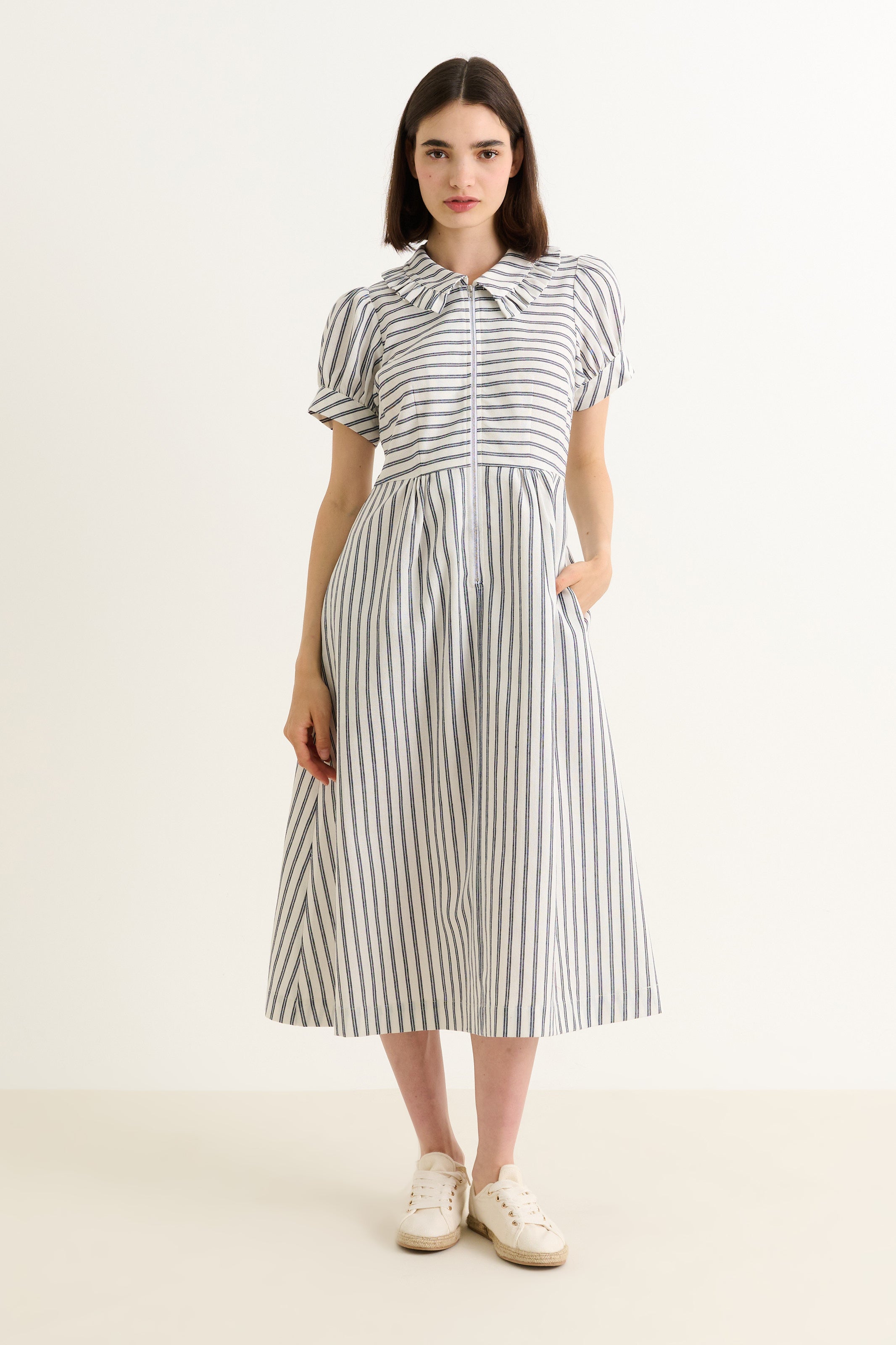 Yassine Ticking Stripe Midi Dress - White & Navy