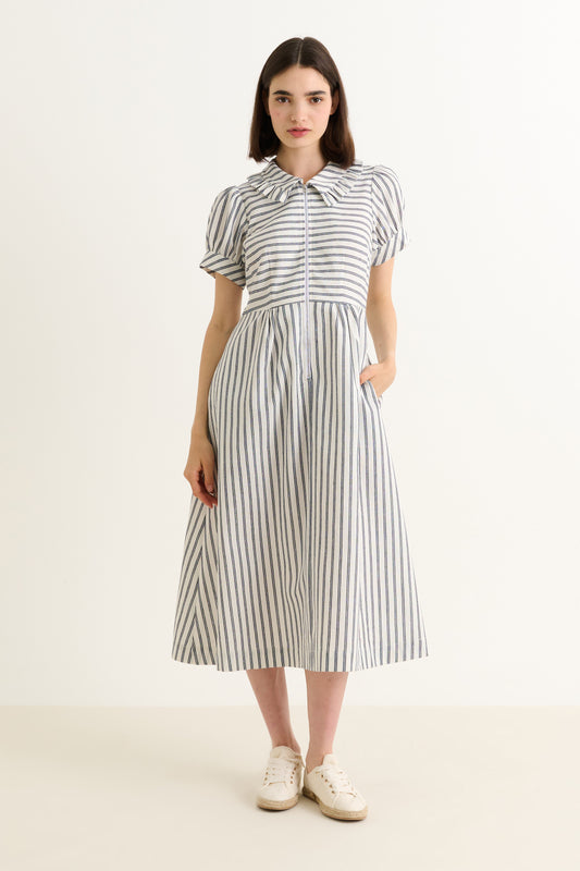 Yassine Ticking Stripe Midi Dress - White & Navy