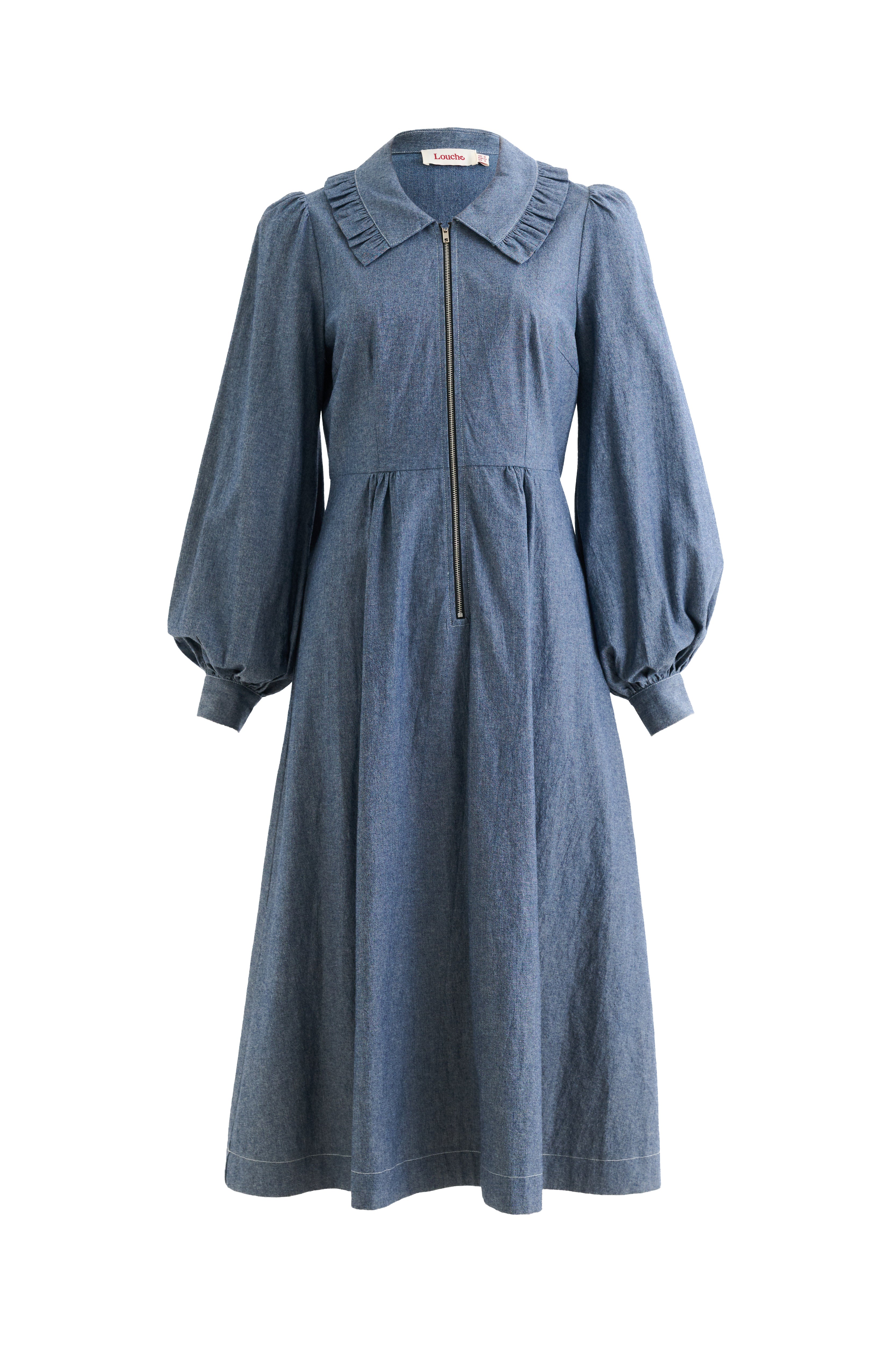 Zoya Chambray Zip Front, Frill Collar Midi Dress - Dark Grey - Styled