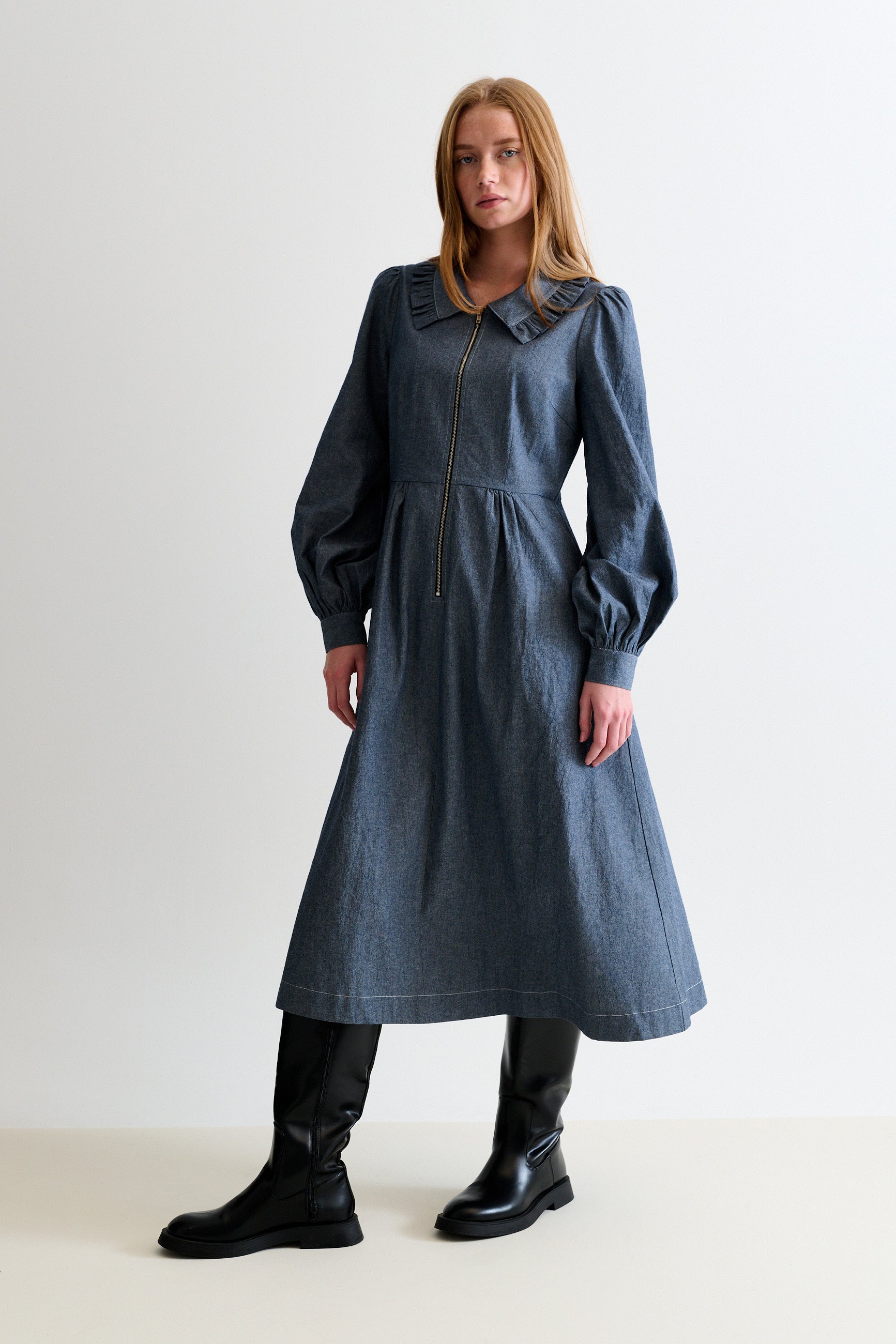 Zoya Chambray Zip Front, Frill Collar Midi Dress - Dark Grey