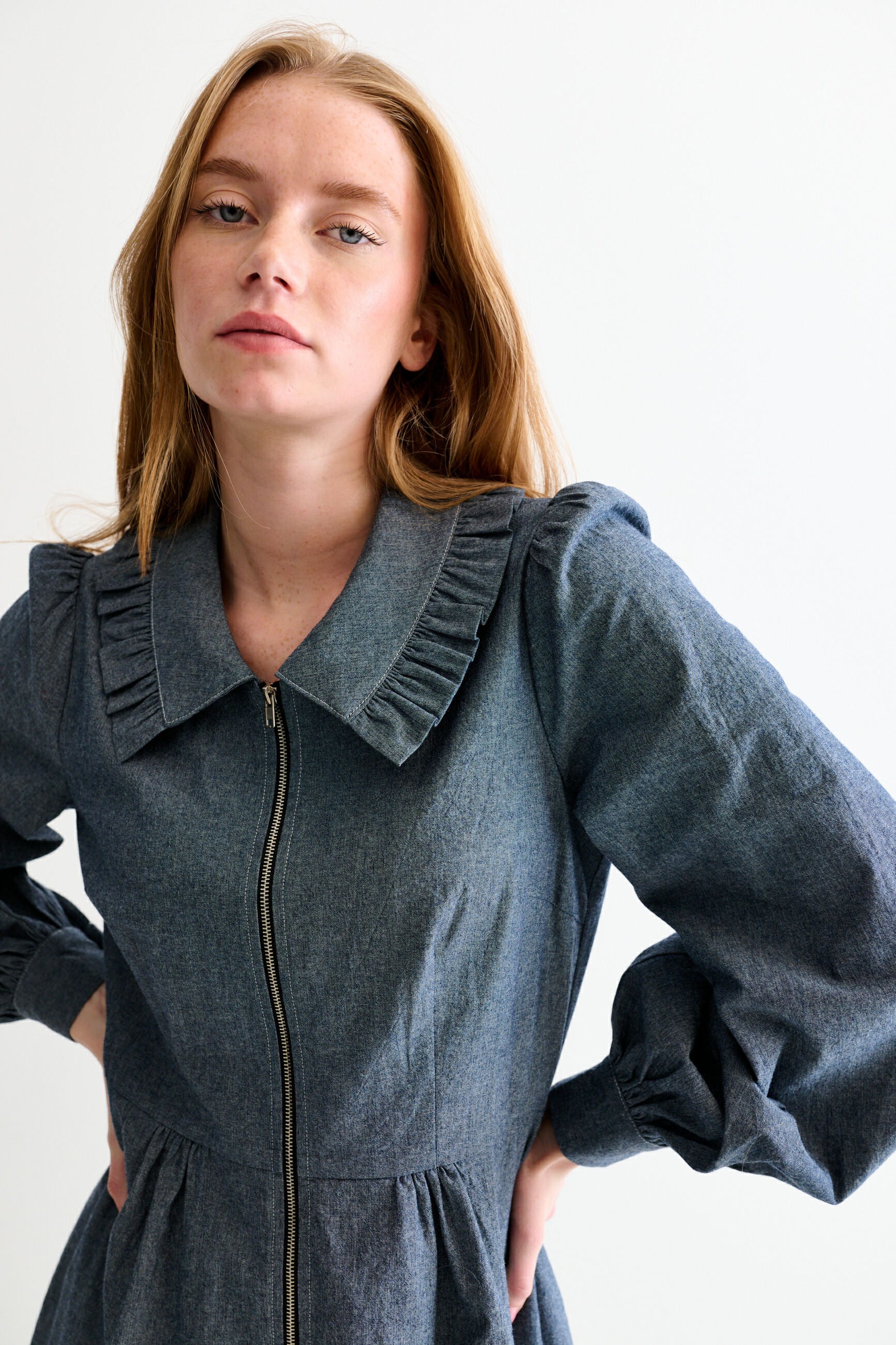 Zoya Chambray Zip Front, Frill Collar Midi Dress - Dark Grey - Detail 1