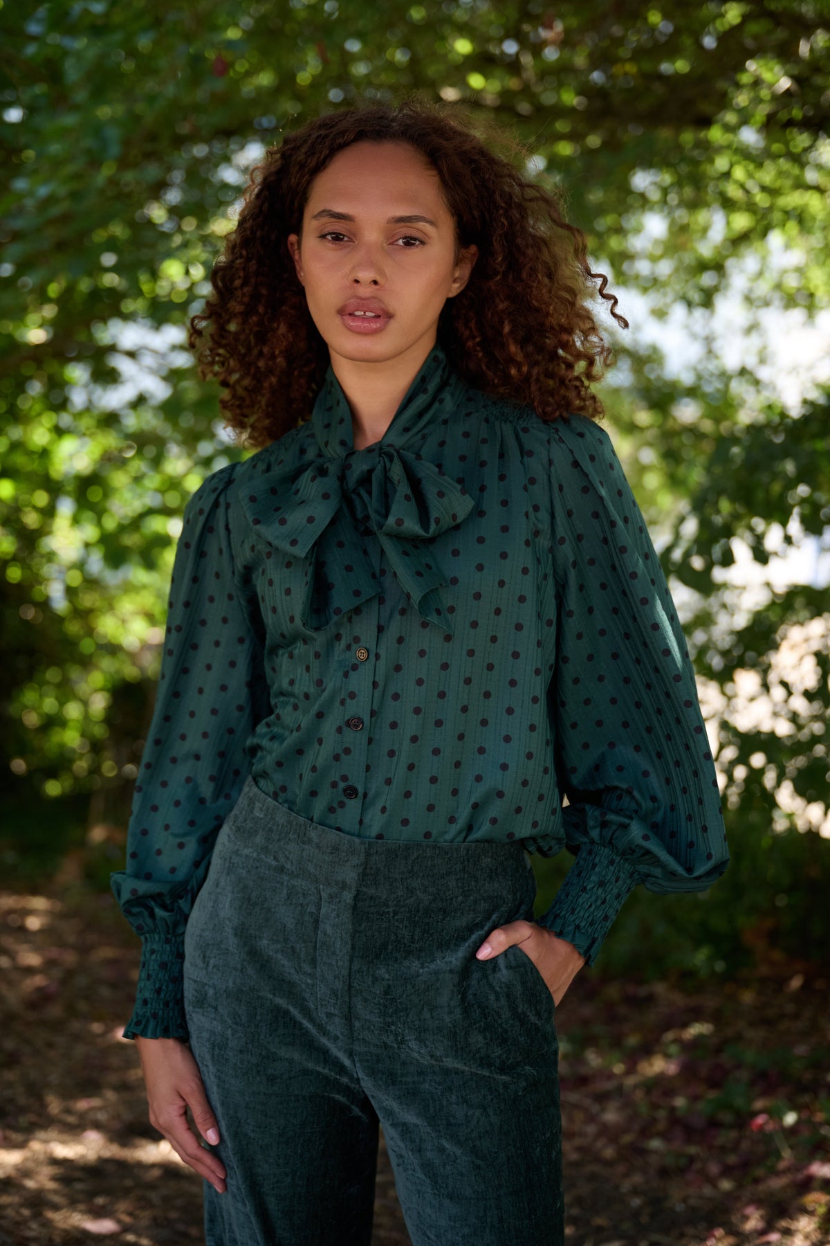 Aditi Spot Tie Neck Blouse - Forest Green