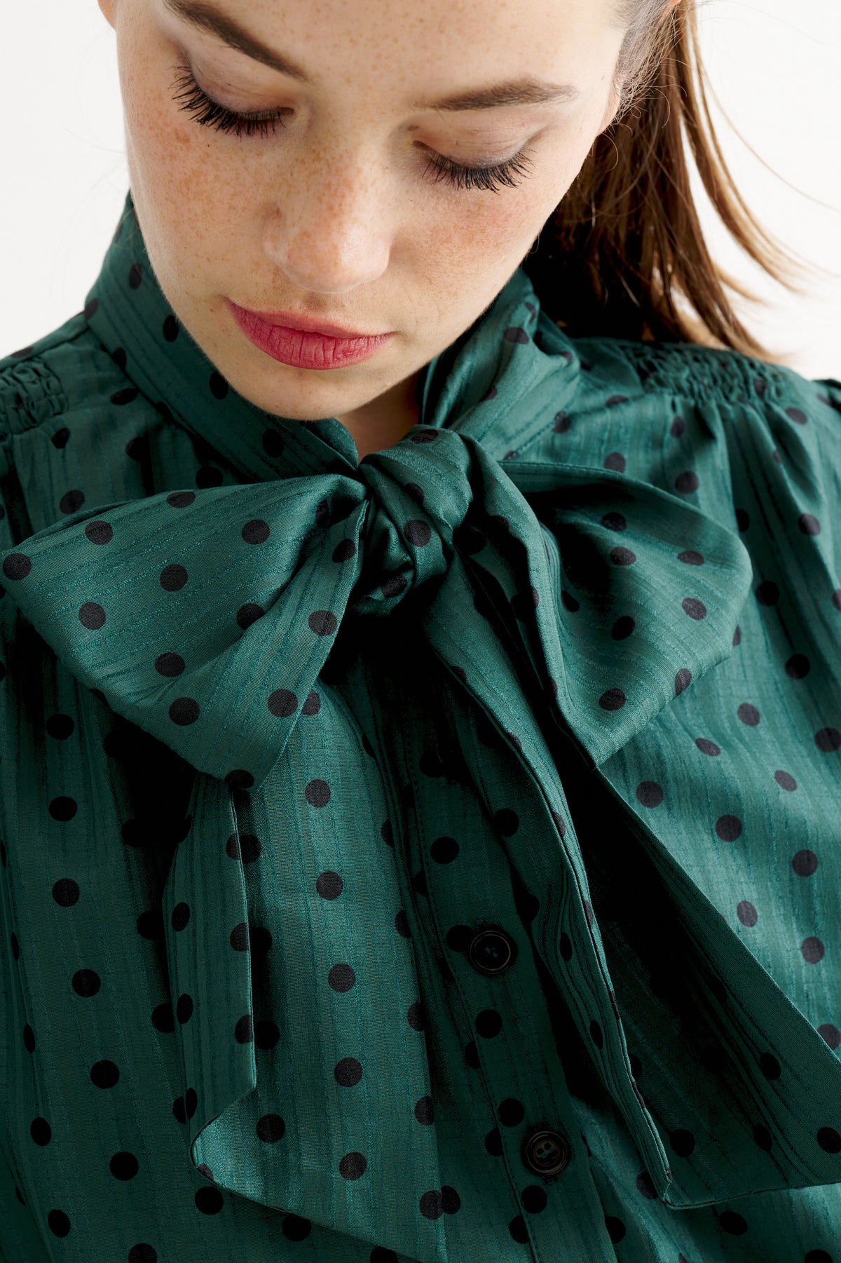 Aditi Spot Tie Neck Blouse - Forest Green