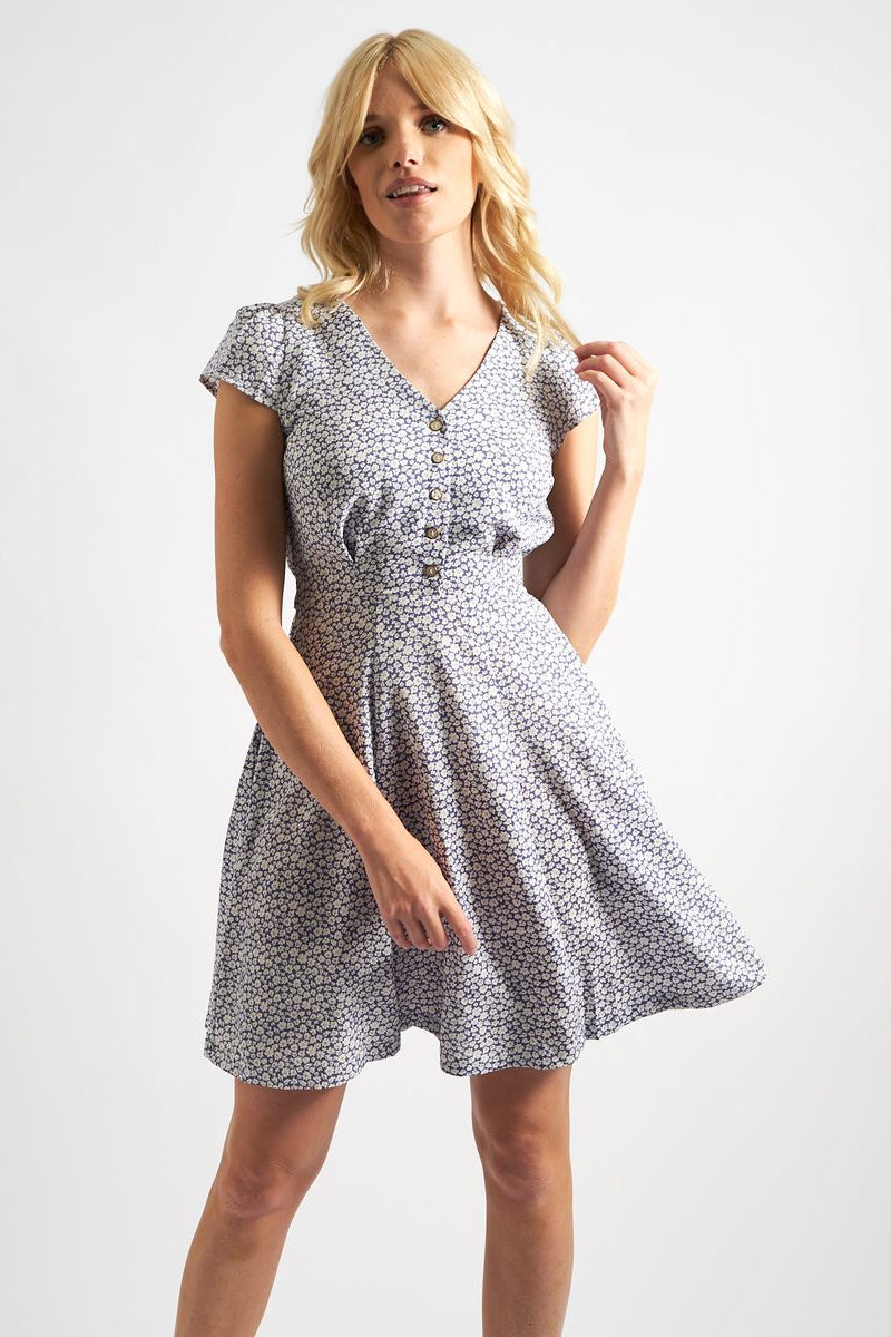 Cathleen Mini Floral Print Tea Dress Blue