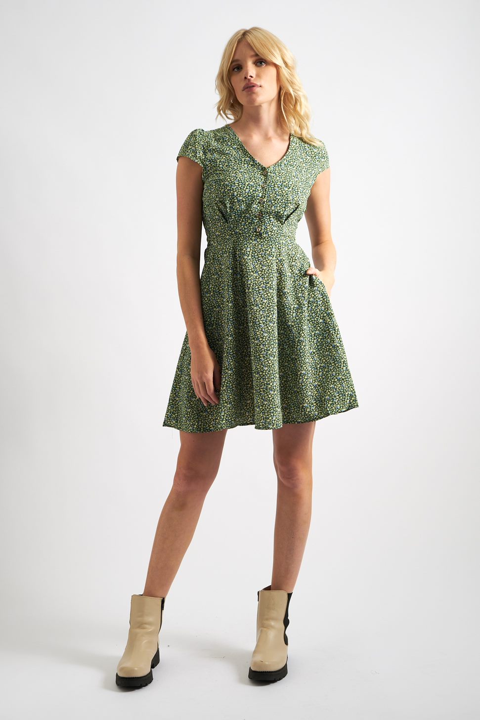 Cathleen Mini Ditsy Print Tea Dress Green