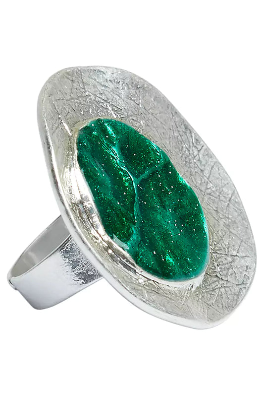 Cleo Green Enamelled Centre Silver Ring
