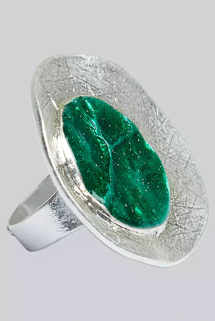 Cleo Green Enamelled Centre Silver Ring