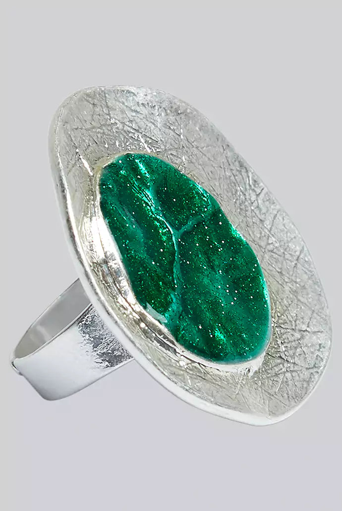 Cleo Green Enamelled Centre Silver Ring - Detail 1