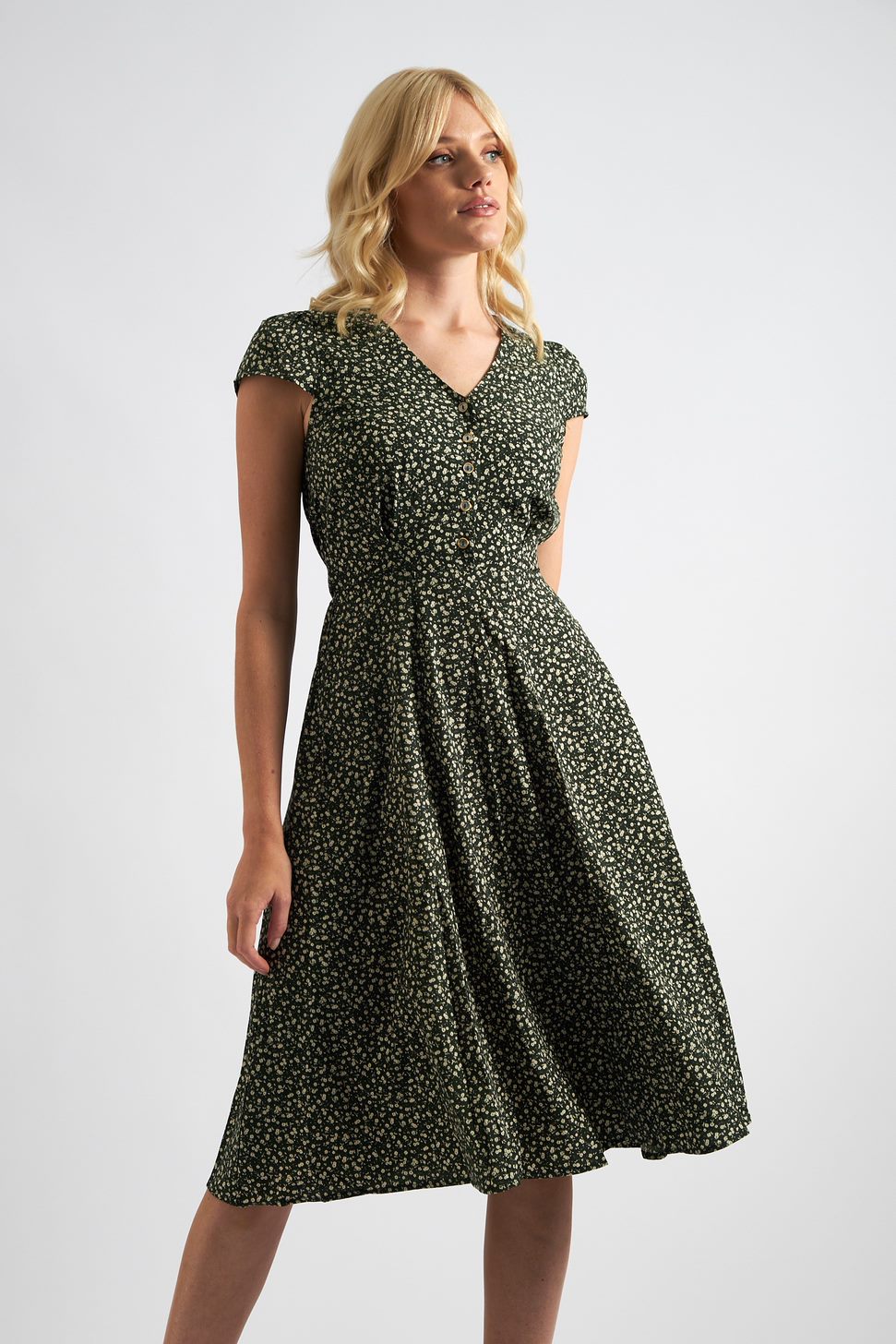 Cathleen Midi Floral Tea Dress Dark Green