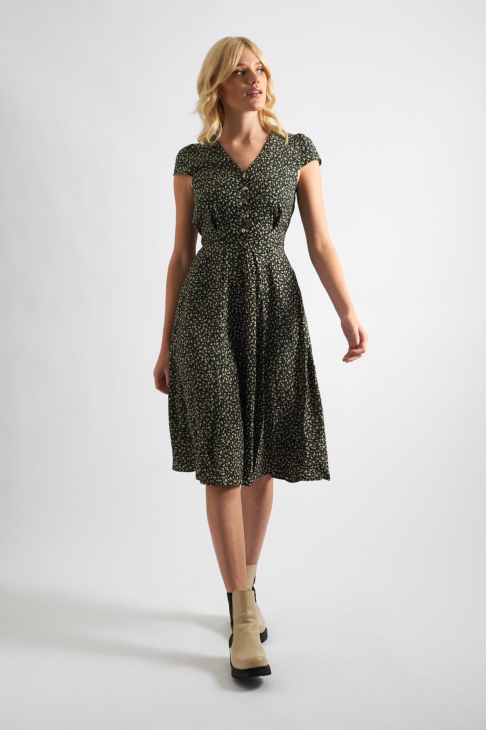 Cathleen Midi Floral Tea Dress Dark Green