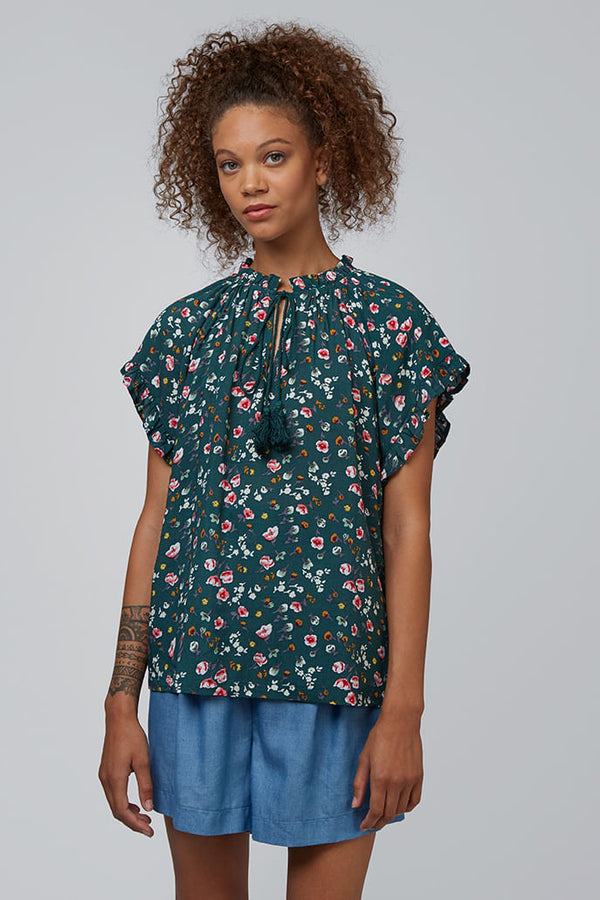 Louche Evelina Viola Tie Neck Frill Top - Front