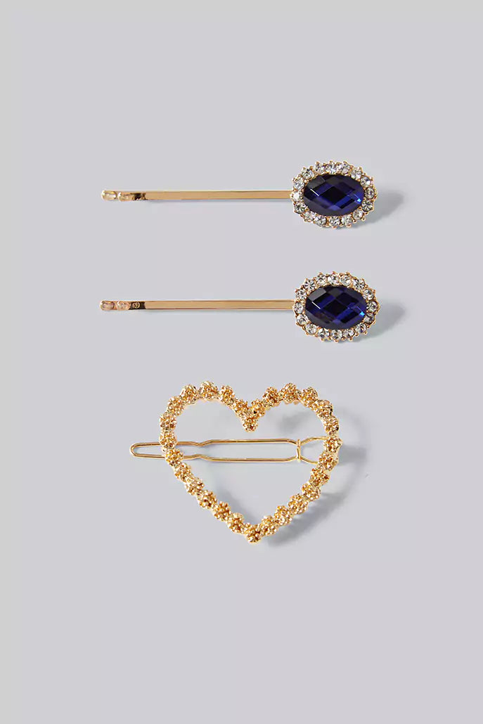 Kat Set of 3 Gold and Blue Stone Hair Clips - Styled