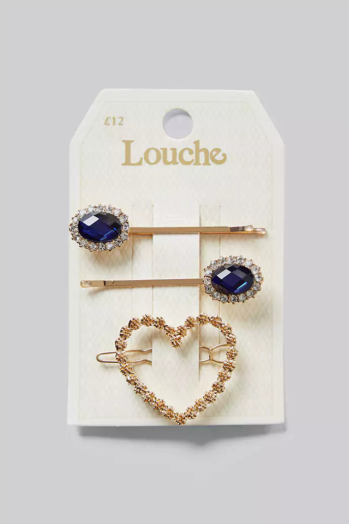 Kat Set of 3 Gold and Blue Stone Hair Clips - Detail 1