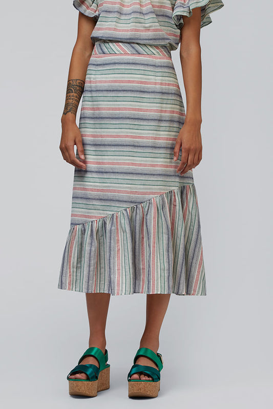 Louche Liana Stripe Asymmetric Peplum Midi Skirt