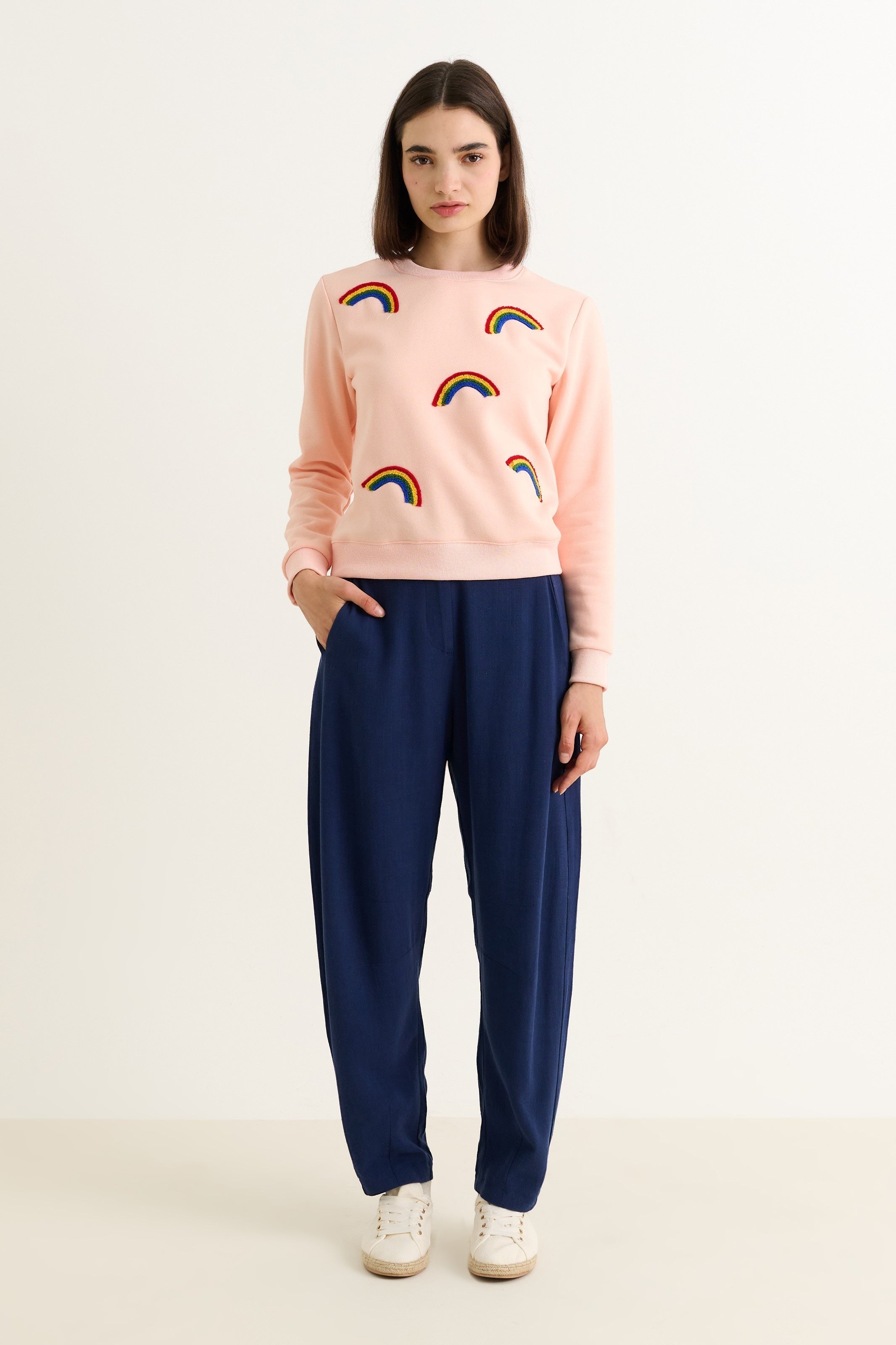 navy linen mix barrel trousers with elasticated waist and pockets