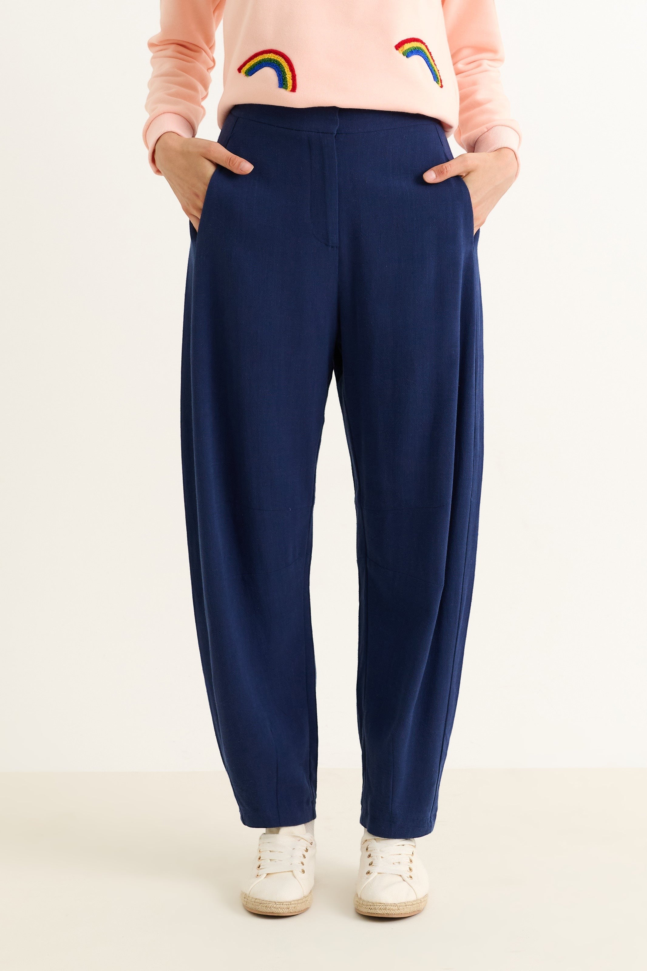 navy linen-viscose blend barrel trousers with elasticated waist and pockets.