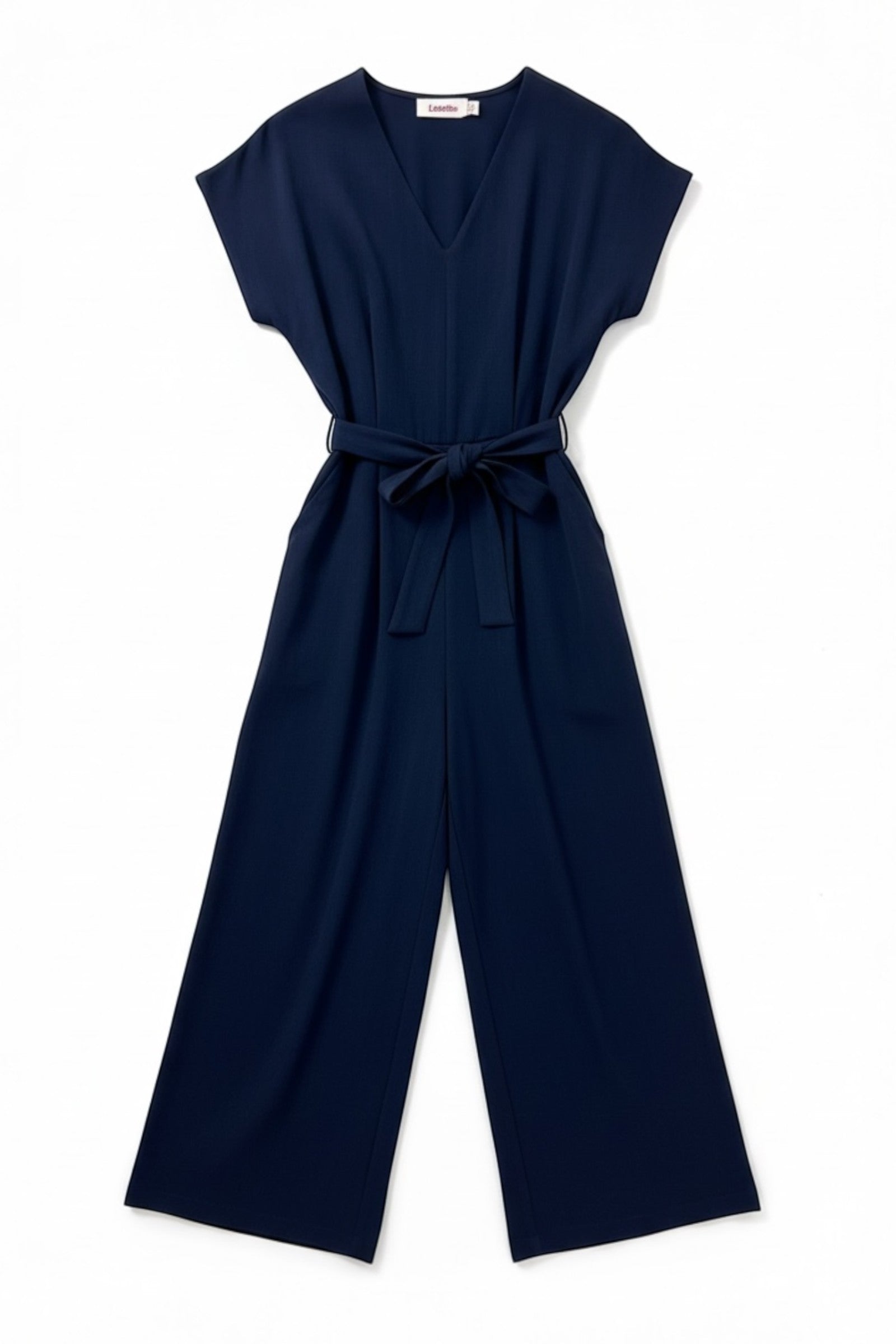 navy linen mix wide-leg jumpsuit with V-neck, extended shoulders, zip front, elasticated waist, self belt, and pockets.
