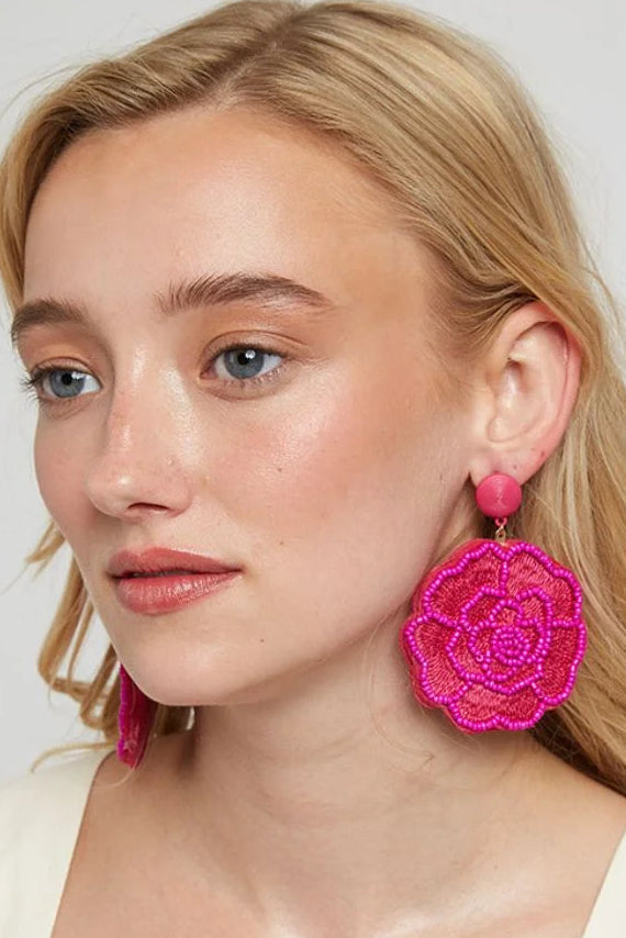 Aquila Flower Beaded Earrings in Pink - Front