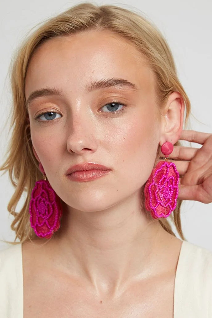 Aquila Flower Beaded Earrings in Pink - Styled